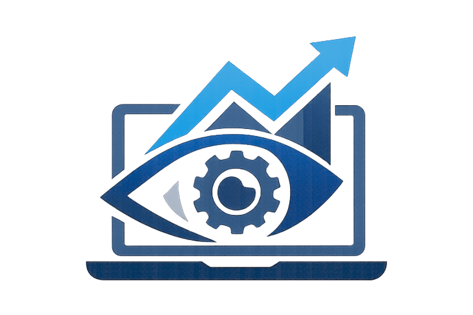 Eine Grafik eines Laptops mit einem Auge, einem Zahnrad im Inneren des Auges und einem nach oben zeigenden Pfeil darüber, der Datenanalyse, Leistungsüberwachung oder digitales Wachstum symbolisiert.