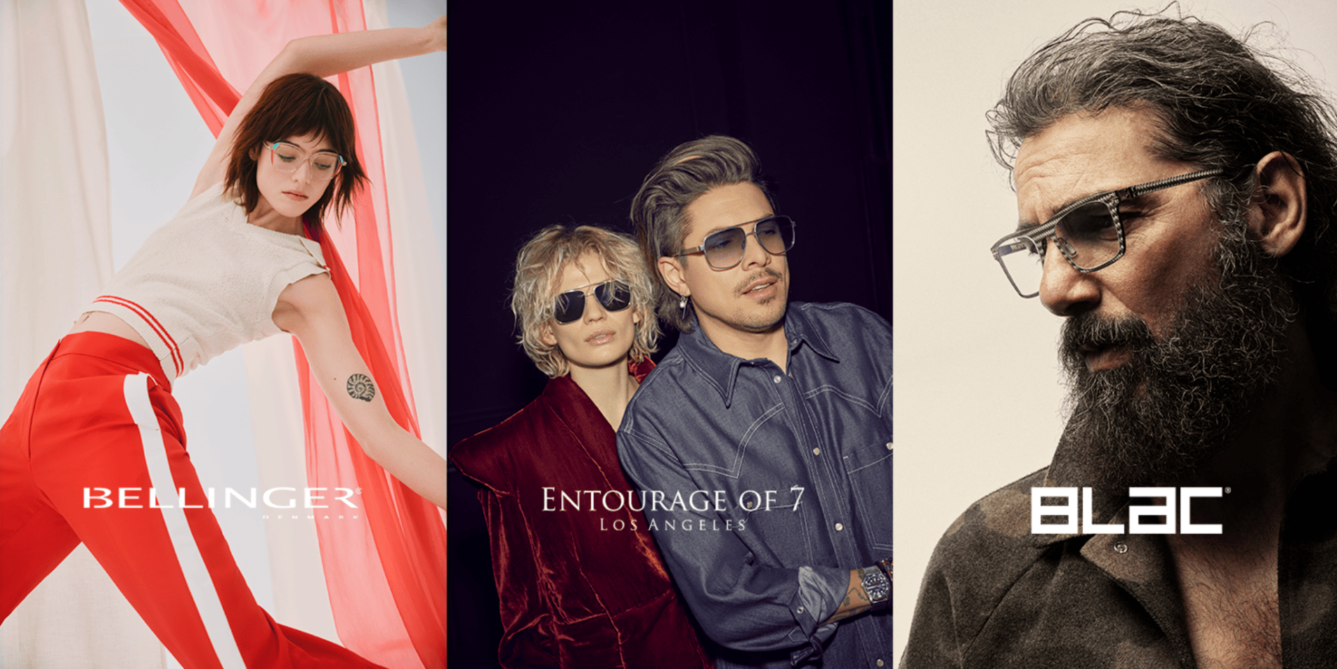 A collage of three eyewear ads: a woman in red pants and glasses by Bellinger; a man and woman in sunglasses by Entourage of 7; and a bearded man in glasses by BLAC. Each brand’s logo appears on their image.