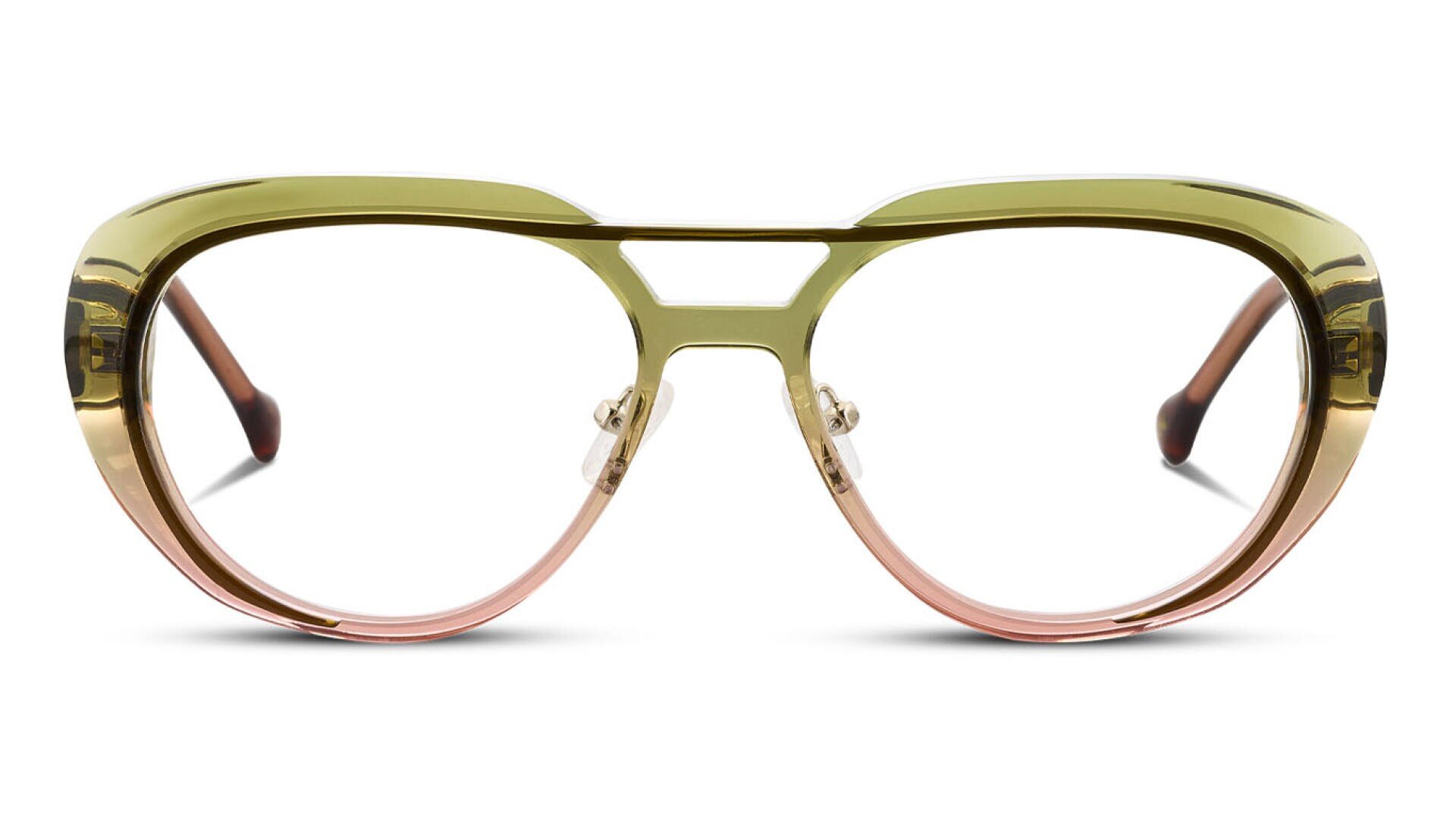 Eine große Pilotenbrille mit einem dicken, durchsichtigen Rahmen, der von vorne gesehen von olivgrün oben nach unten in hellrosa übergeht.