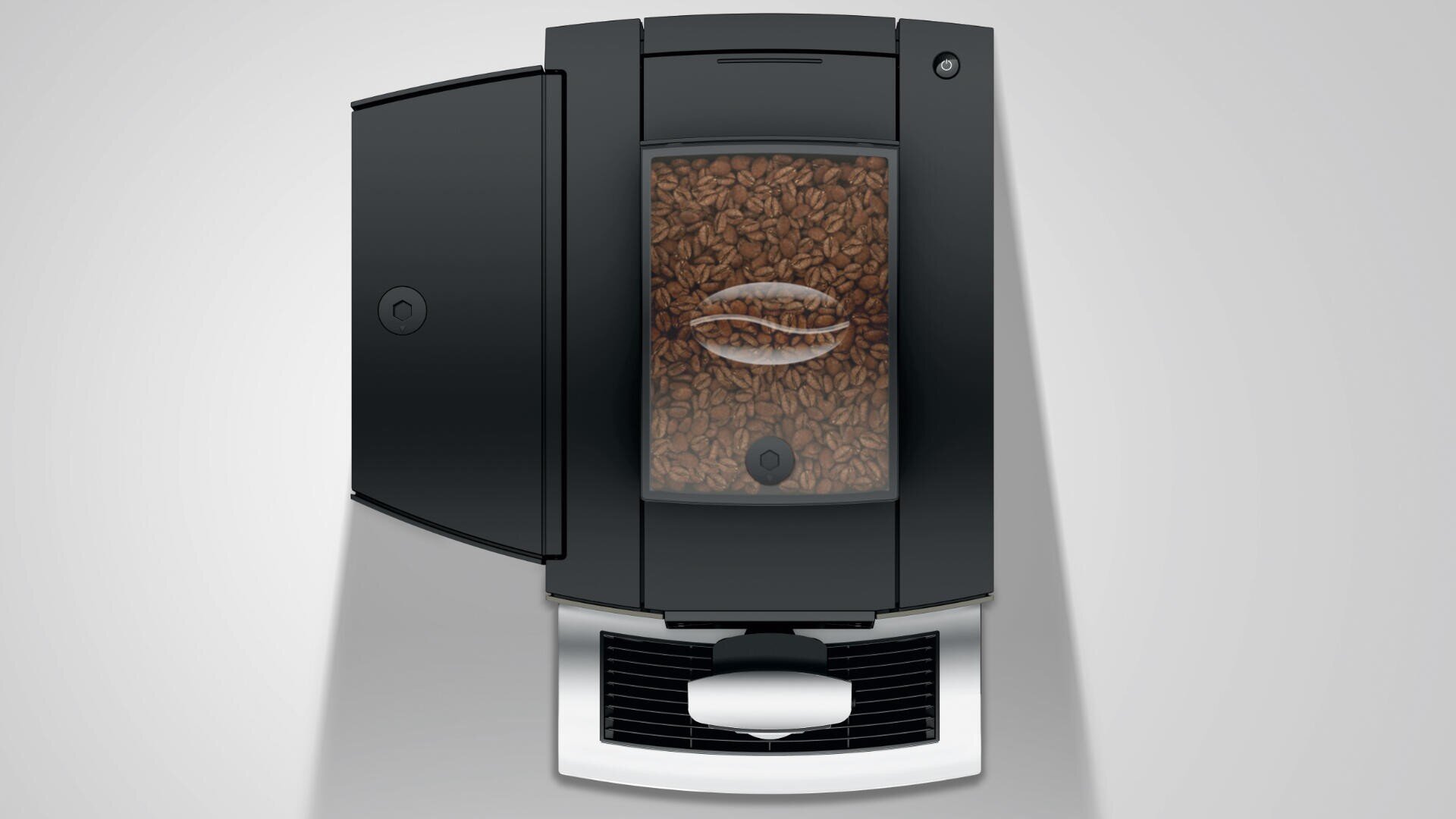 Draufsicht auf eine moderne Kaffeemaschine mit geöffnetem Deckel, der ein mit Kaffeebohnen gefülltes Fach freigibt. Die Maschine ist schwarz-silbern, und auf der Abtropfschale darunter steht eine weiße Tasse.