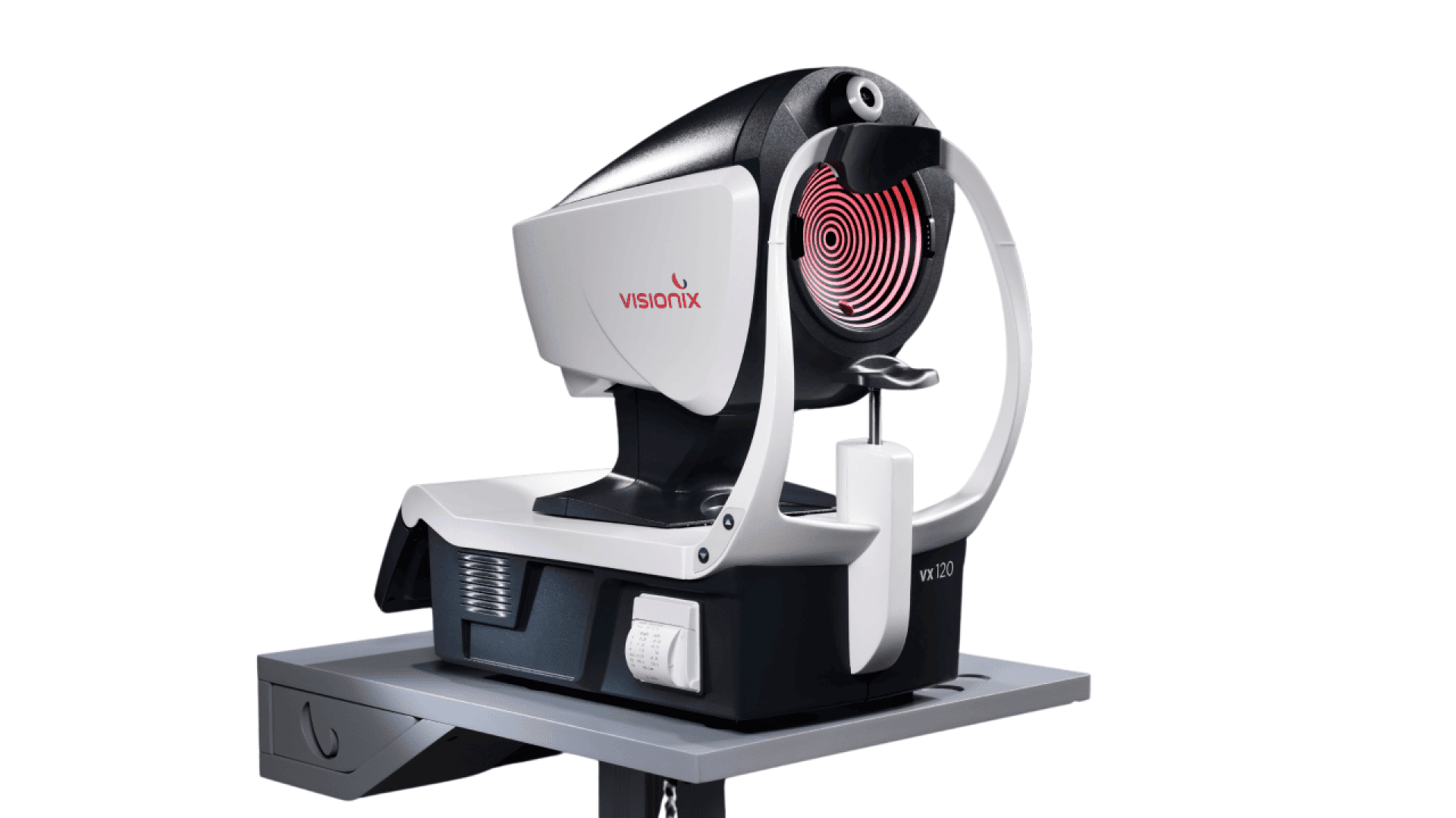 A Visionix VX120 eye examination device with a sleek, modern design, featuring a circular red and white pattern on the front, mounted on a gray stand against a white background.