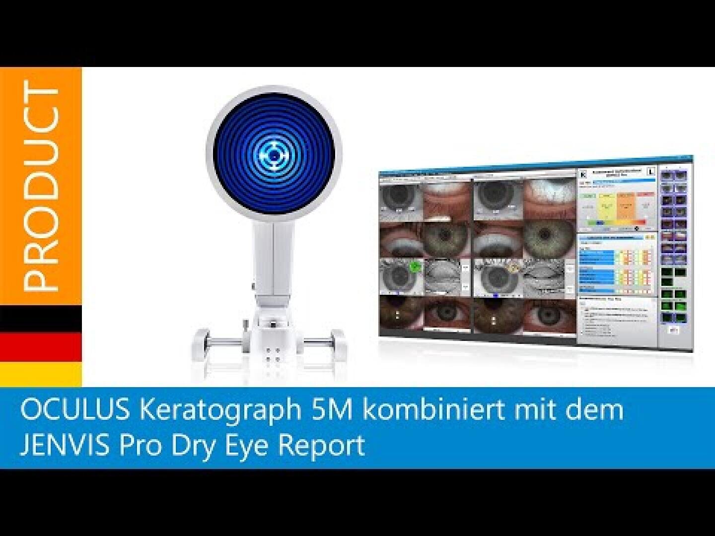 Ein OCULUS Keratograph 5M wird neben einem Computerbildschirm gezeigt, der verschiedene Augenbilder und -daten anzeigt. Der Text lautet: OCULUS Keratograph 5M kombiniert mit dem JENVIS Pro Dry Eye Report.
