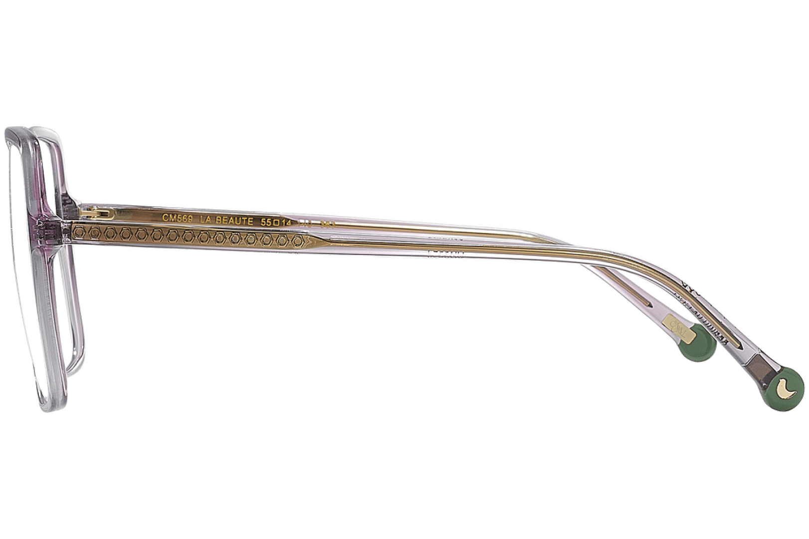 Seitenansicht eines transparenten Brillengestells mit goldenen Akzenten und schmalen, geraden Bügeln mit kleinen dekorativen Details in der Nähe des Scharniers und der Enden.