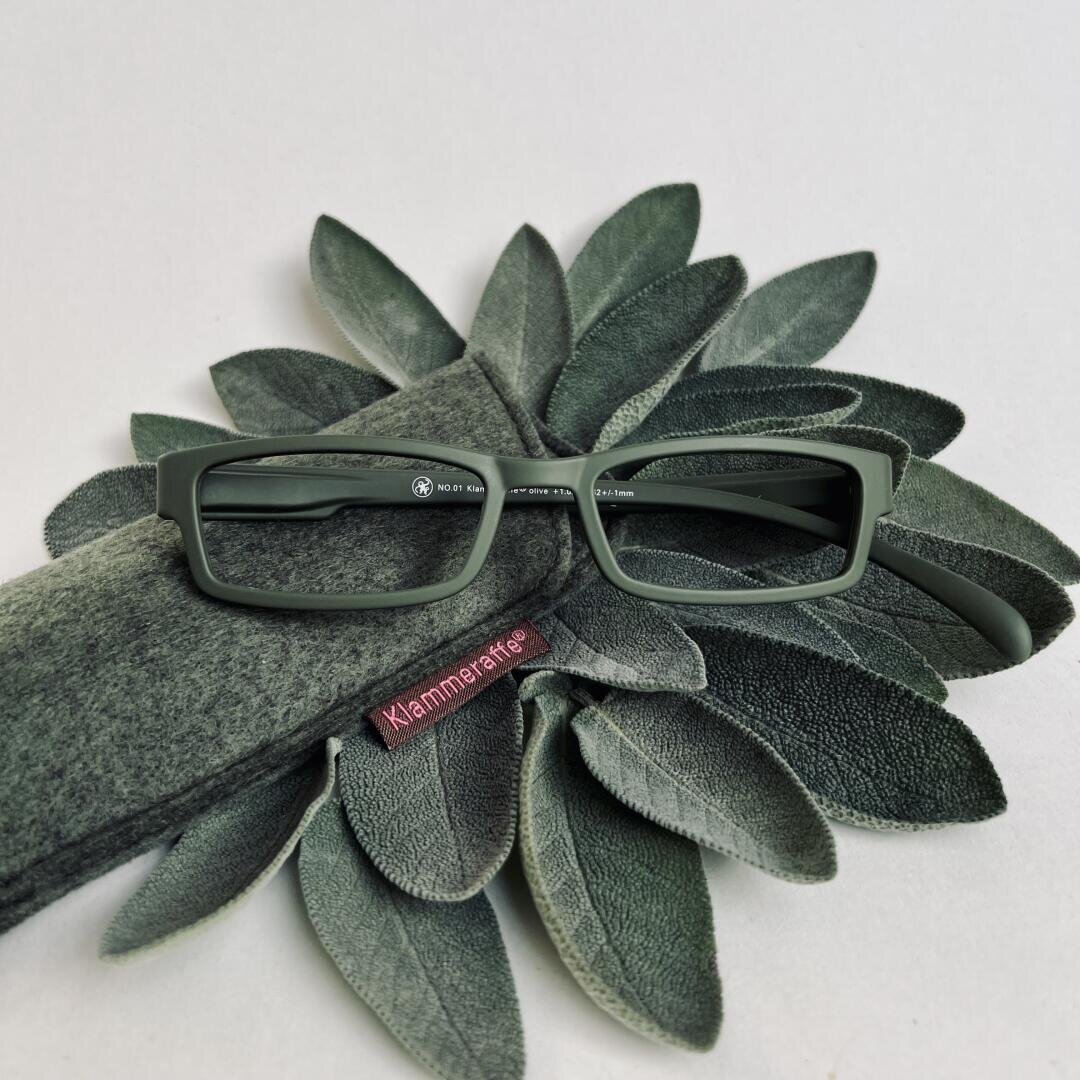 Eine rechteckige grüne Brille liegt auf flauschigen, grünen Salbeiblättern, daneben ein passendes grünes Etui. Auf dem Etui ist ein rotes Schild mit Klammerkatz zu sehen. Der Hintergrund ist weiß.