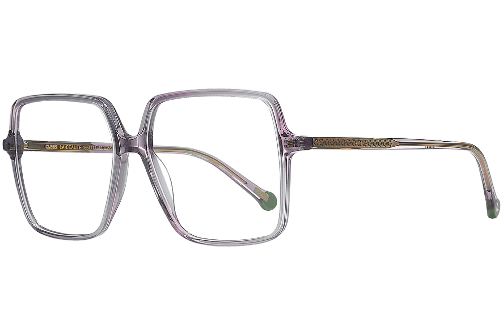 Klare Acetatbrille mit großem, rechteckigem Rahmen und goldenen Details an den Bügeln, von der Seite auf transparentem Hintergrund dargestellt.