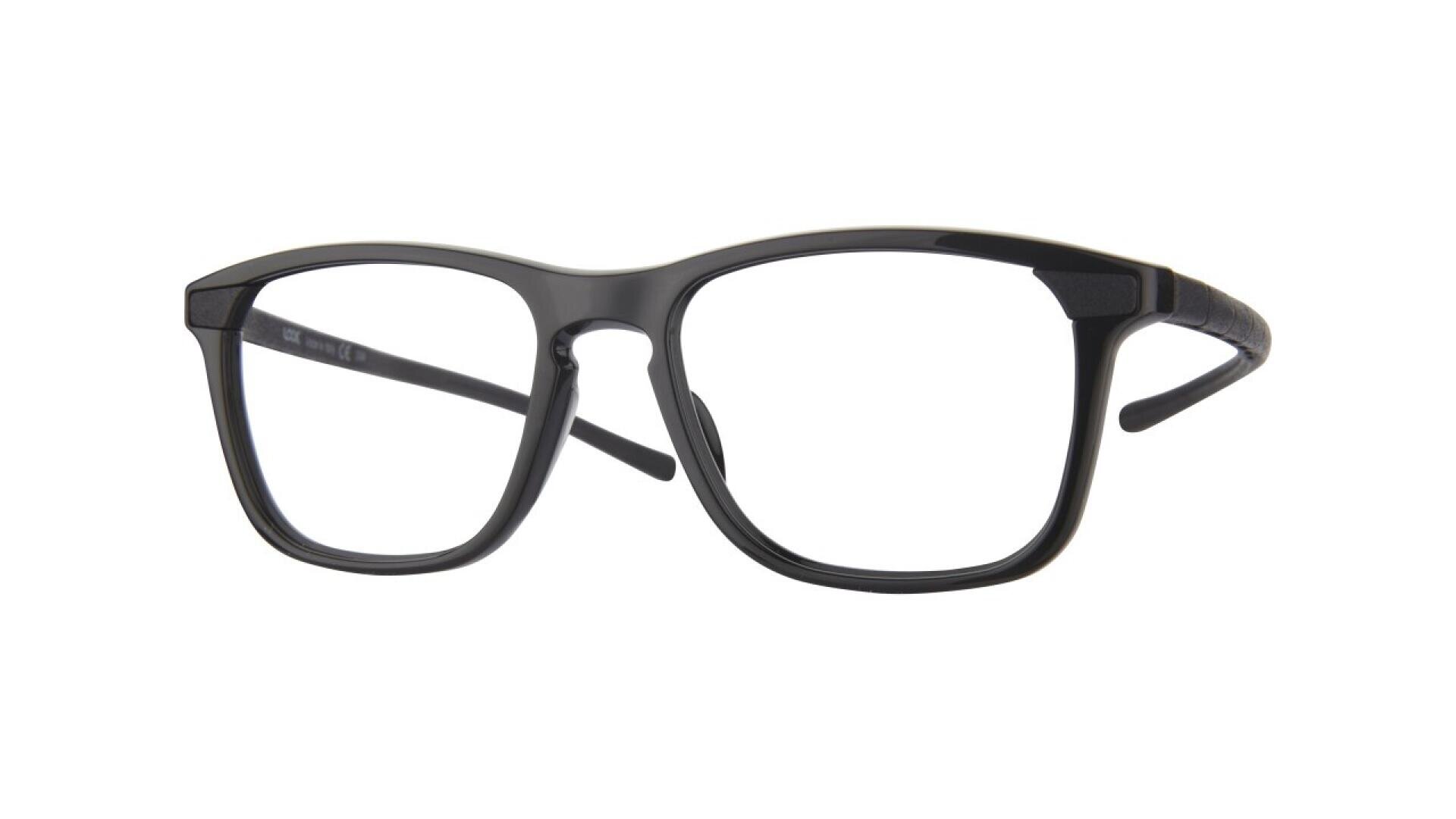 Auf weißem Hintergrund ist eine schwarze rechteckige Brille mit klaren Gläsern abgebildet.