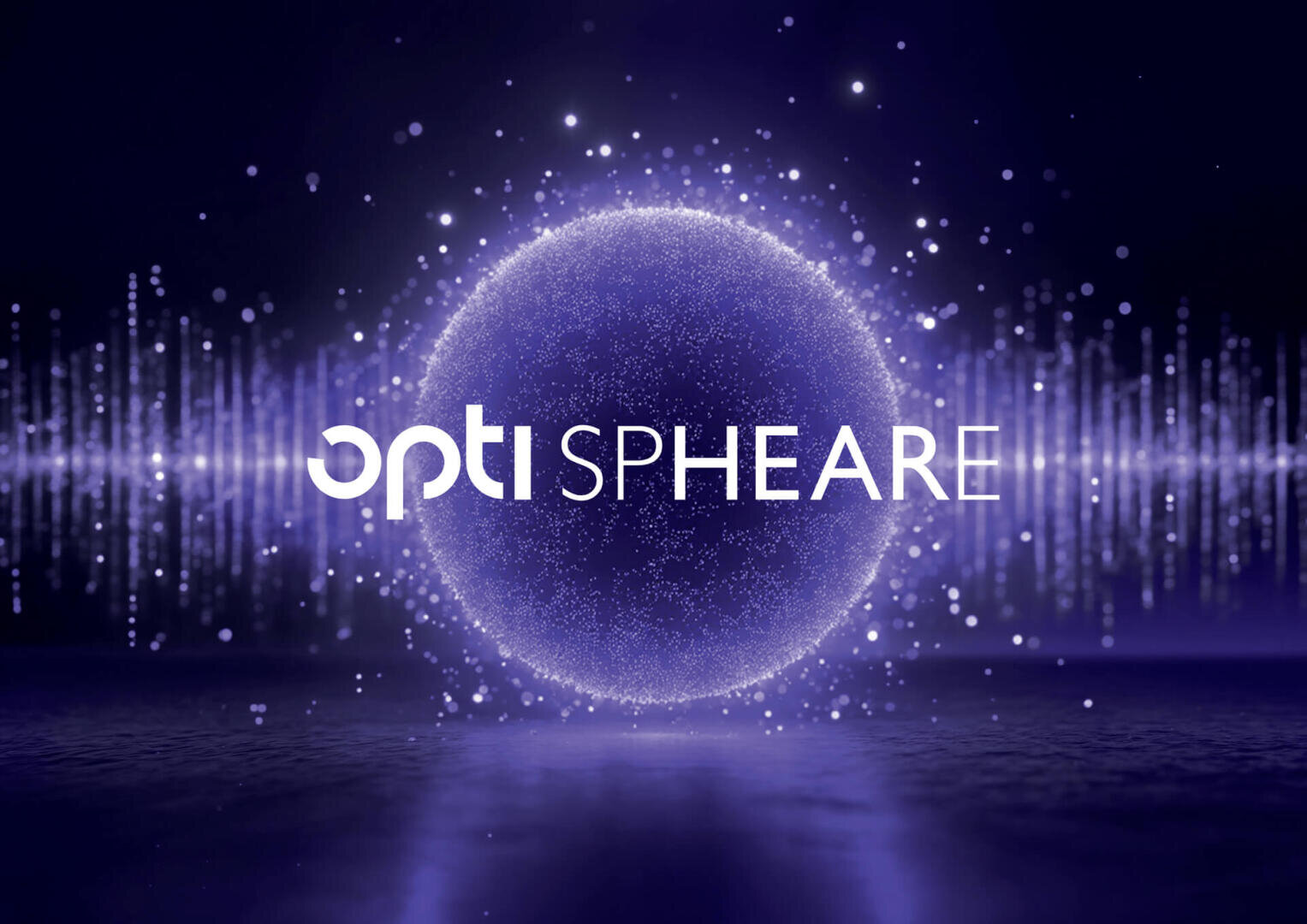 Eine leuchtende violette Kugel, umgeben von Lichtpartikeln und Klangwellenformen, mit dem Text optiSPHEARE in der Mitte des Bildes.