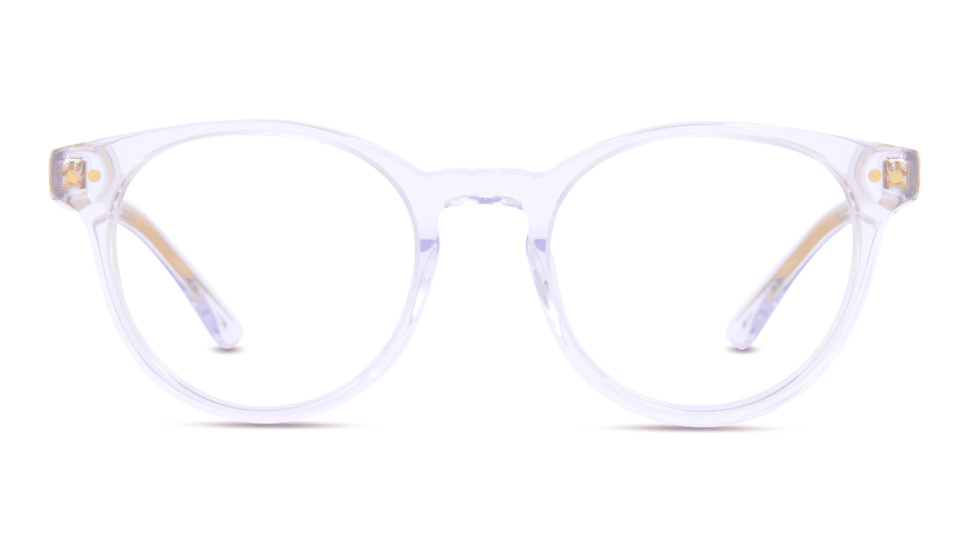 Klare, runde Brille mit transparentem Rahmen, von vorne vor einem weißen Hintergrund betrachtet.