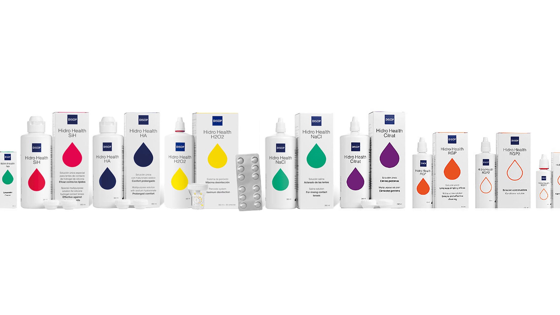A row of various Hydro Health supplement product packages, each with a colored droplet graphic, including bottles, boxes, and blister packs, arranged side by side on a white background.