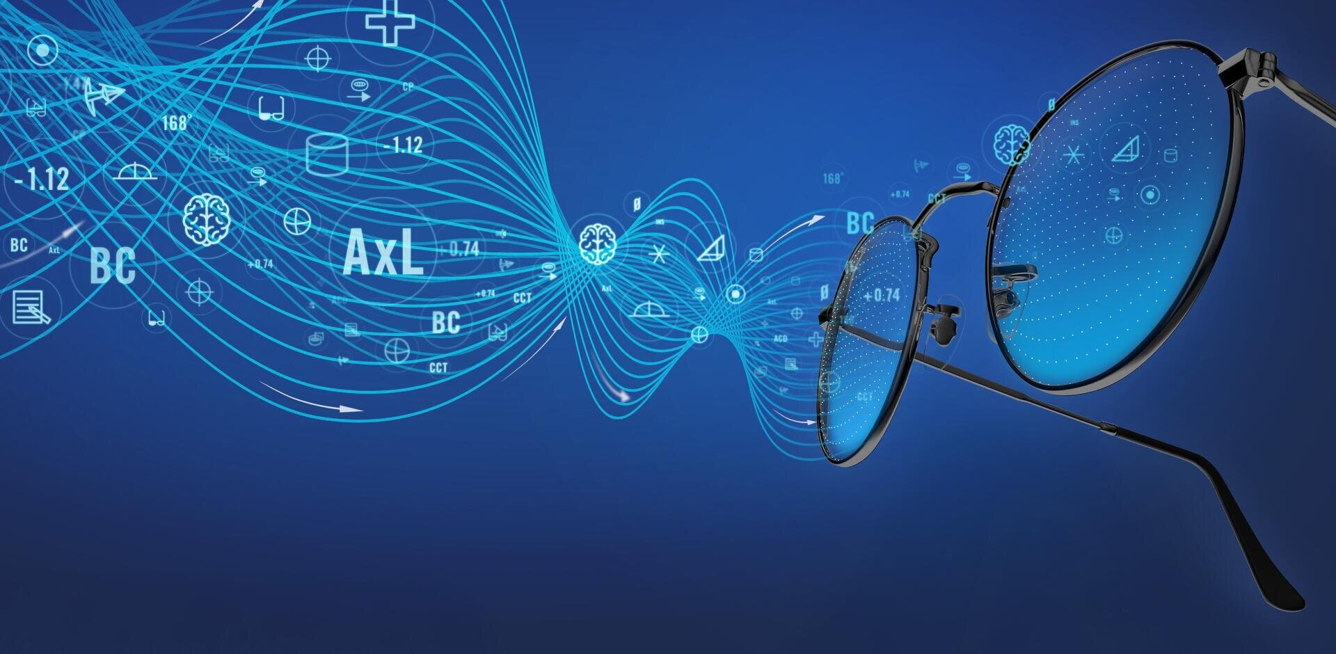 Eine Brille auf blauem Hintergrund mit digitalen Linien, Punkten und wissenschaftlichen Symbolen, die durch die Gläser wirbeln und Technologie und Datenvisualisierung darstellen.