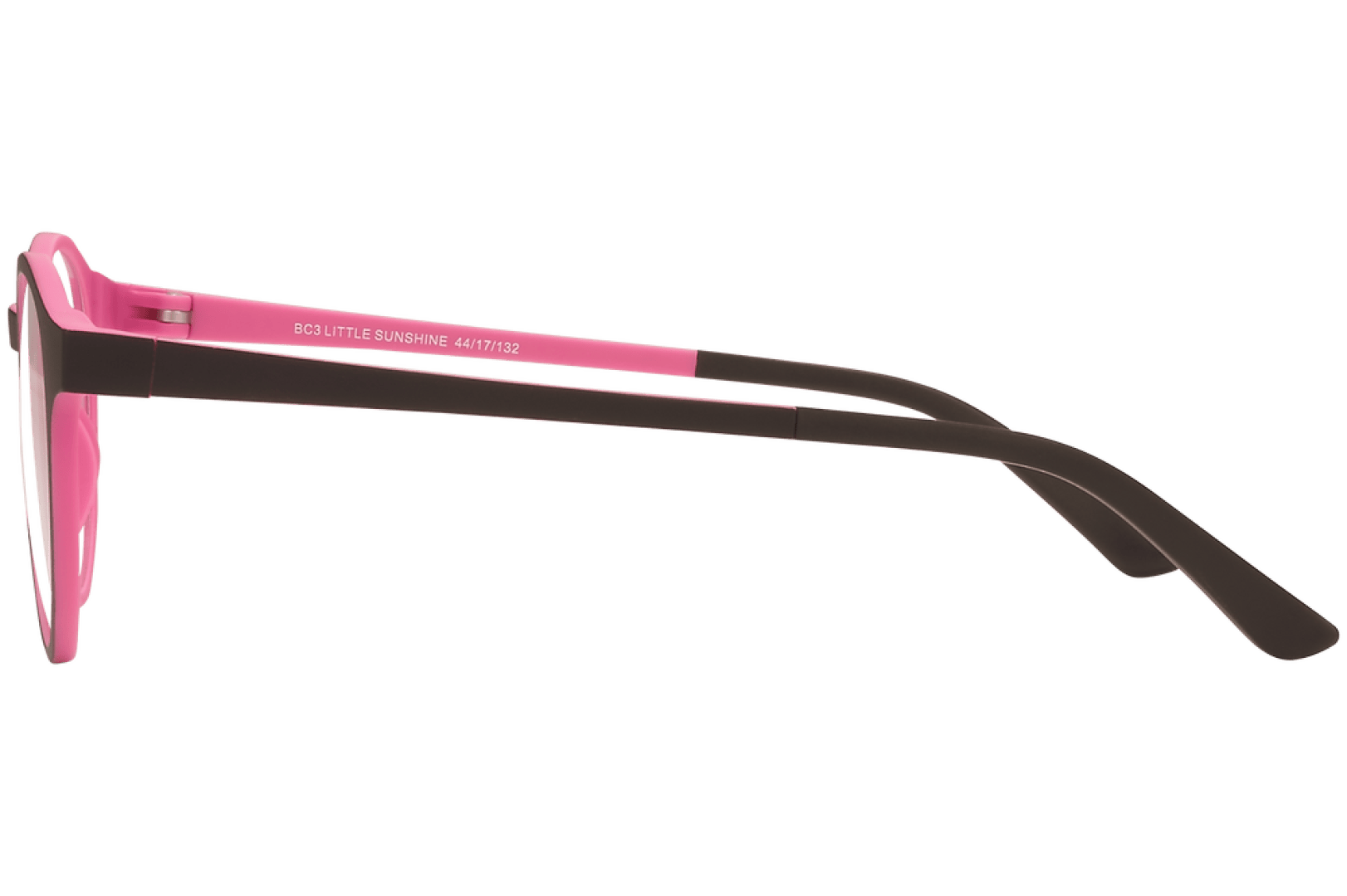 Seitenansicht einer Brille mit rosafarbenem Vorderrahmen und schwarzen Bügeln, dargestellt vor einem weißen Hintergrund. Die Innenseite des Bügels ist mit weißem Text beschriftet.