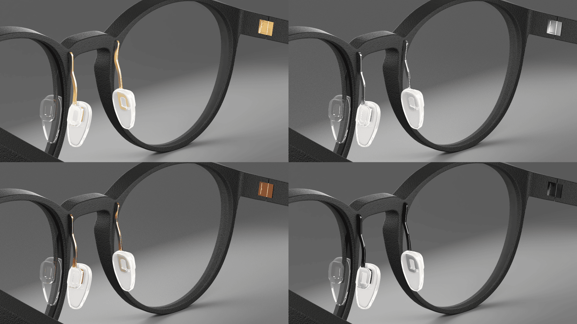 Vier Nahaufnahmen von schwarzen Brillengestellen, die jeweils eine andere Art von Nasenauflage und Stegdesign zeigen, angeordnet in einem 2x2-Raster auf einem grauen Hintergrund.