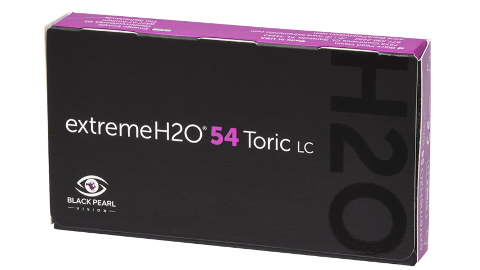 Eine schwarz-violette Schachtel mit der Aufschrift „Extreme H2O 54 Toric LC“ von Black Pearl Vision, die Kontaktlinsen enthält.
