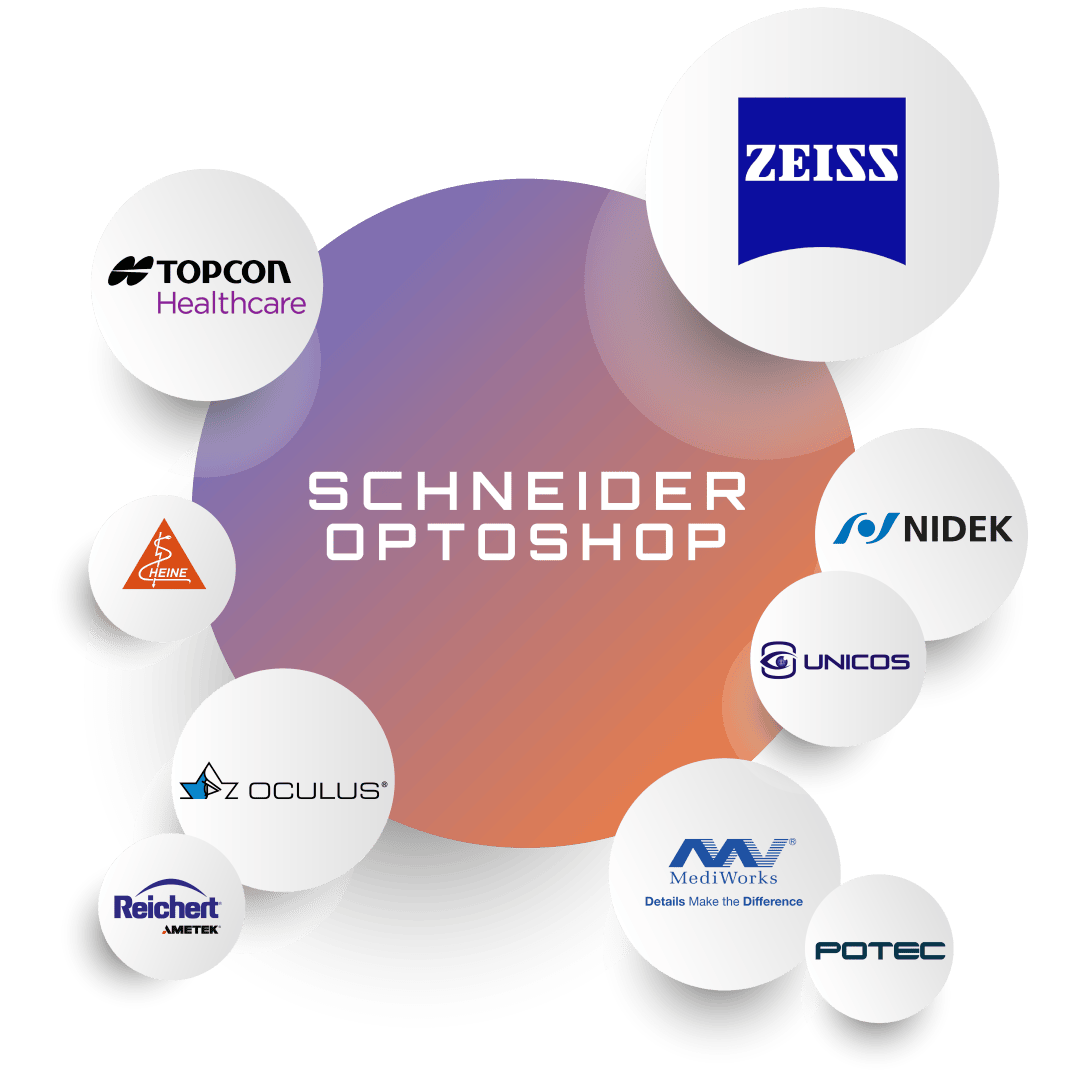 A circular graphic with SCHNEIDER OPTOSHOP in the center, surrounded by the logos of seven ophthalmic brands: Zeiss, Topcon Healthcare, CSO, Oculus, Reichert, MediWorks, Potec, Nidek and Unicos.