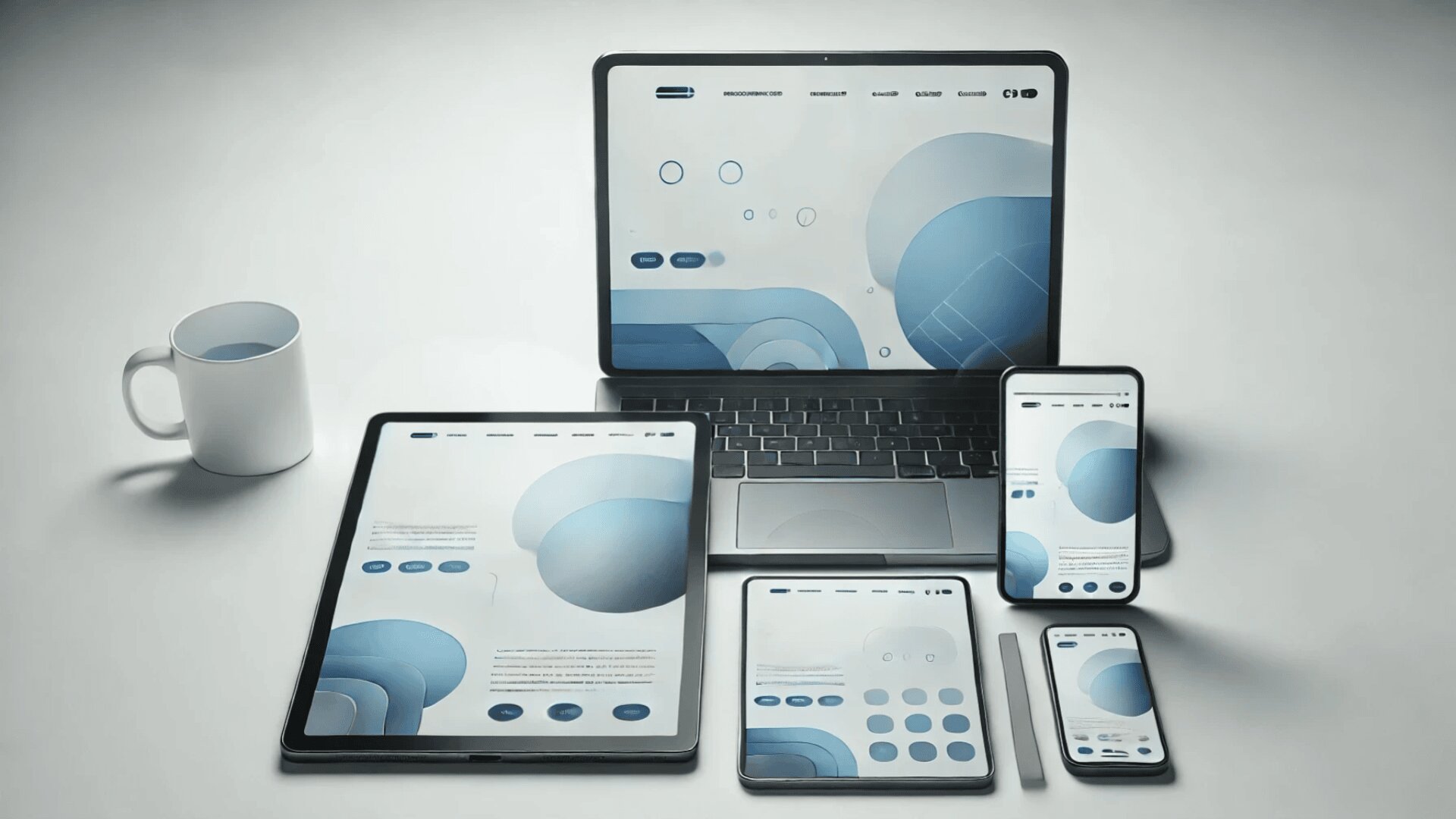 Ein Laptop, ein Tablet, zwei Smartphones und eine Tasse sind auf einer weißen Fläche angeordnet. Jedes Gerät zeigt eine Website in modernem blau-weißem Design mit kreisförmigen Grafiken und minimalistischen Navigationsmenüs.