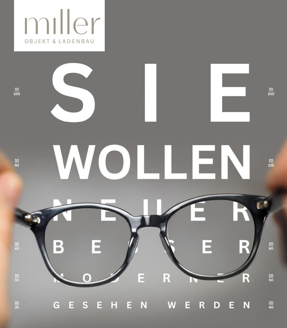 Black glasses are held in front of an eye chart with large letters YOU WANT TO SEE BETTER and small dimensions on the sides. The Müller logo appears at the top left.