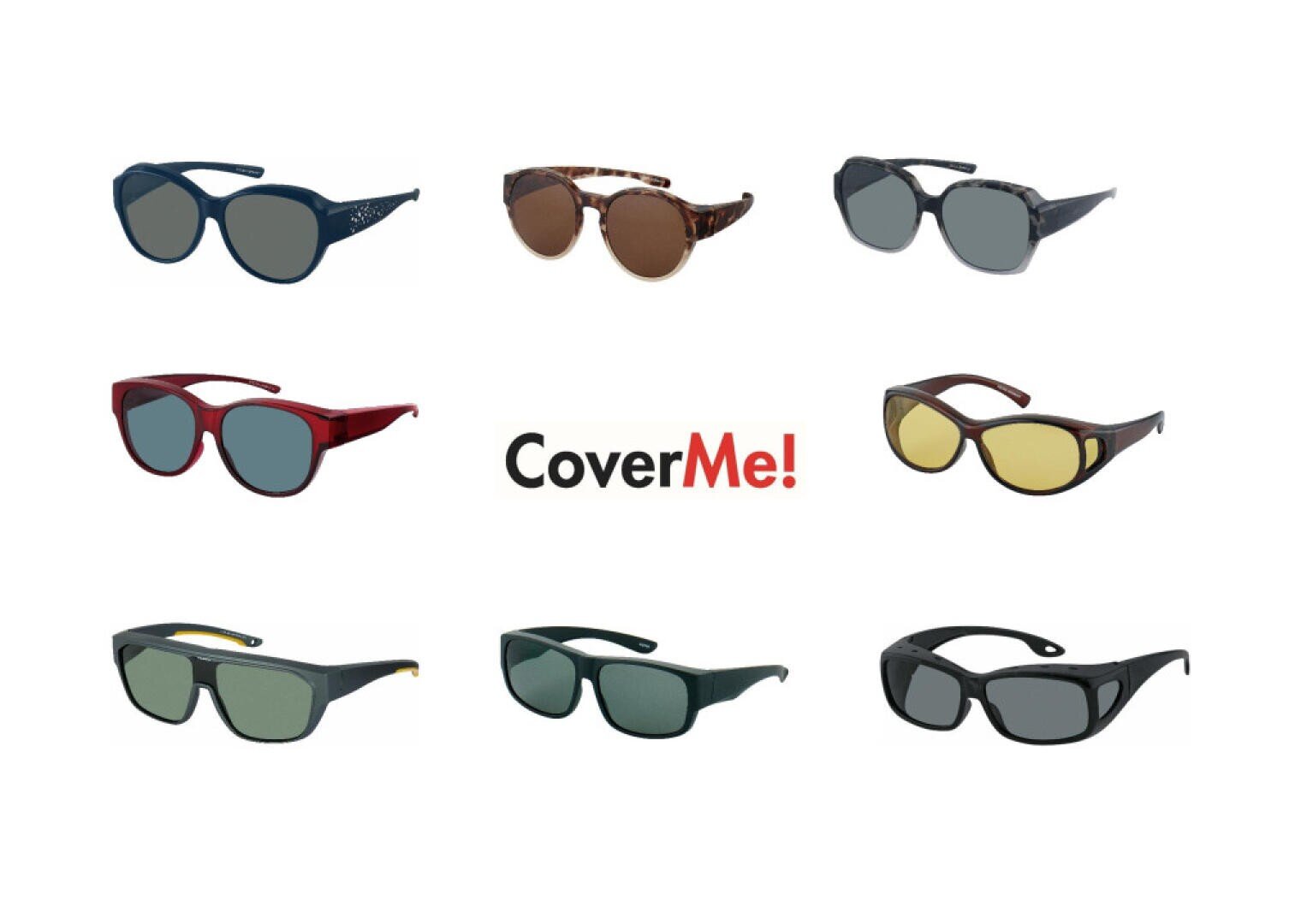 Acht verschiedene Sonnenbrillenmodelle sind um den Schriftzug „CoverMe!“ in der Mitte angeordnet, wobei sich vier Paare über und drei Paare unter dem Logo auf weißem Hintergrund befinden.