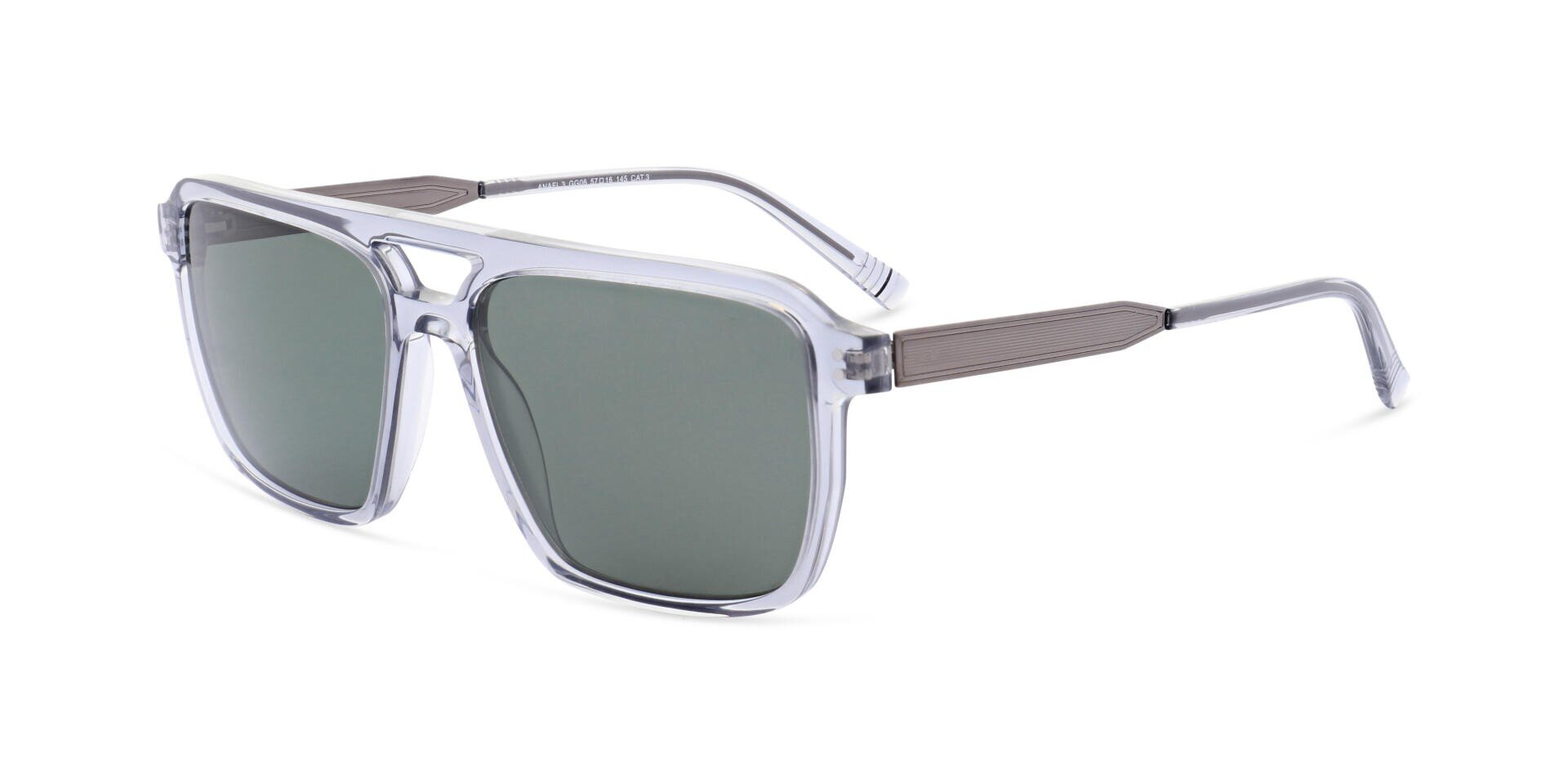 Eine Sonnenbrille mit klarem, rechteckigem Rahmen, grün getönten Gläsern, Metallbügeln und einem modernen, geometrischen Design.