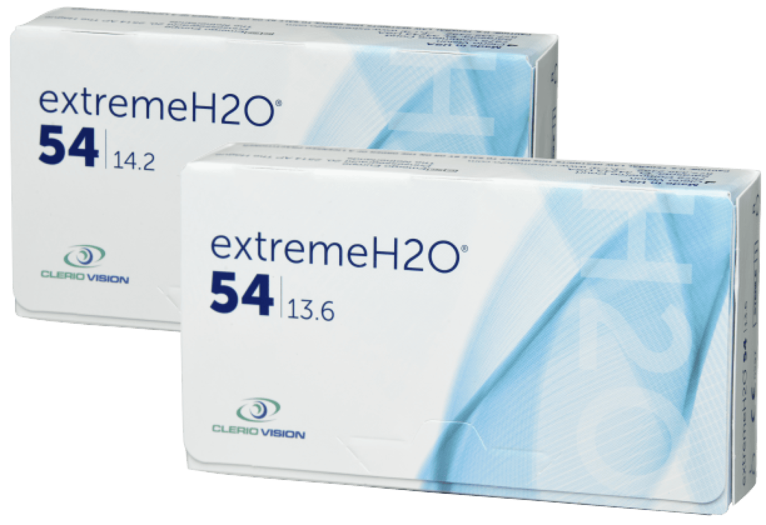 Zwei Schachteln mit extremen H2O 54-Kontaktlinsen von Clerio Vision, jeweils mit unterschiedlichen Größen: eine mit 14,2 und die andere mit 13,6. Die Verpackung ist überwiegend weiß mit blauen Akzenten.