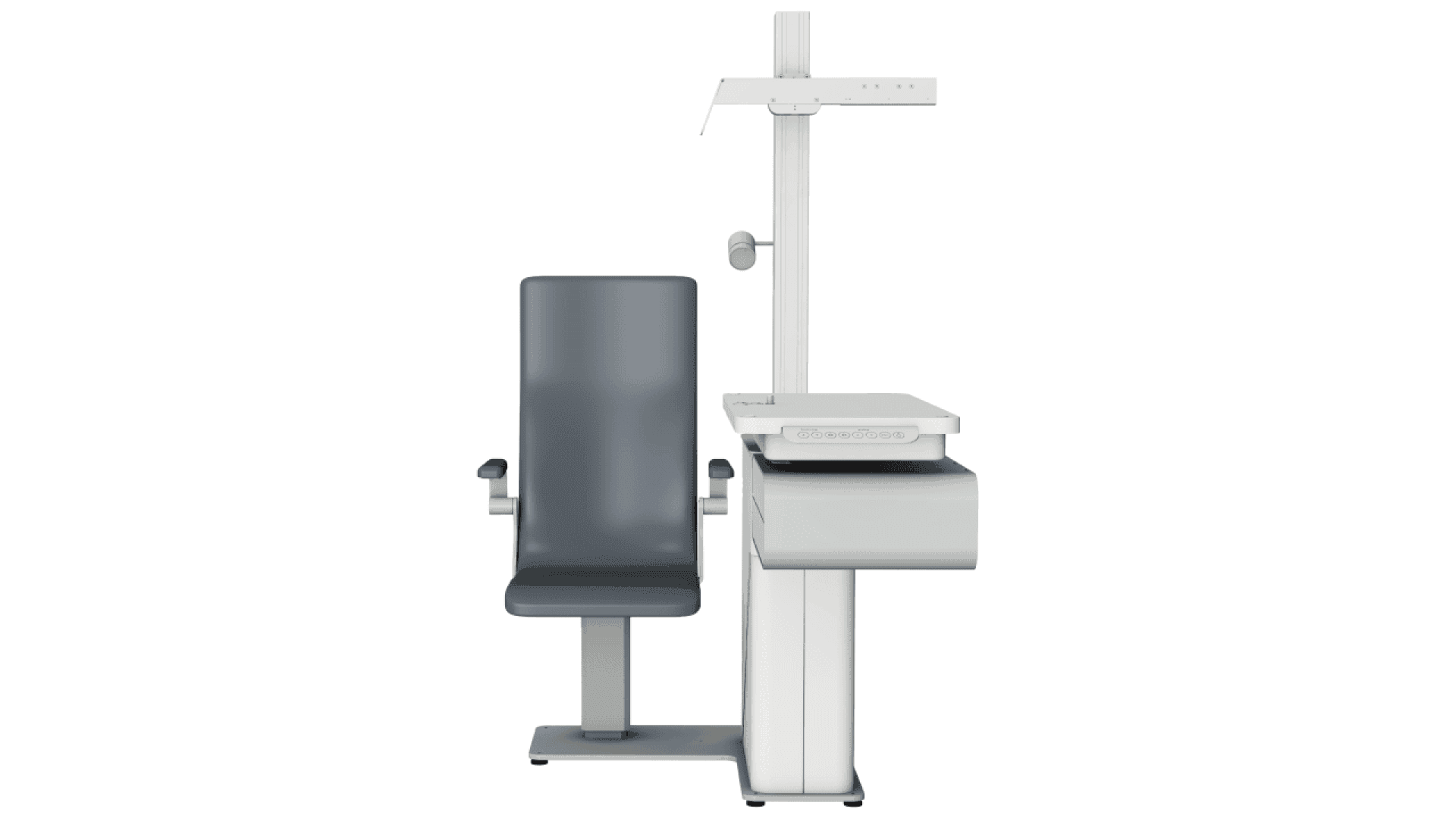 A modern ophthalmic examination chair and instrument table setup, featuring a padded chair with armrests and an attached adjustable table and support arm for eye exam equipment, all in gray and white tones.