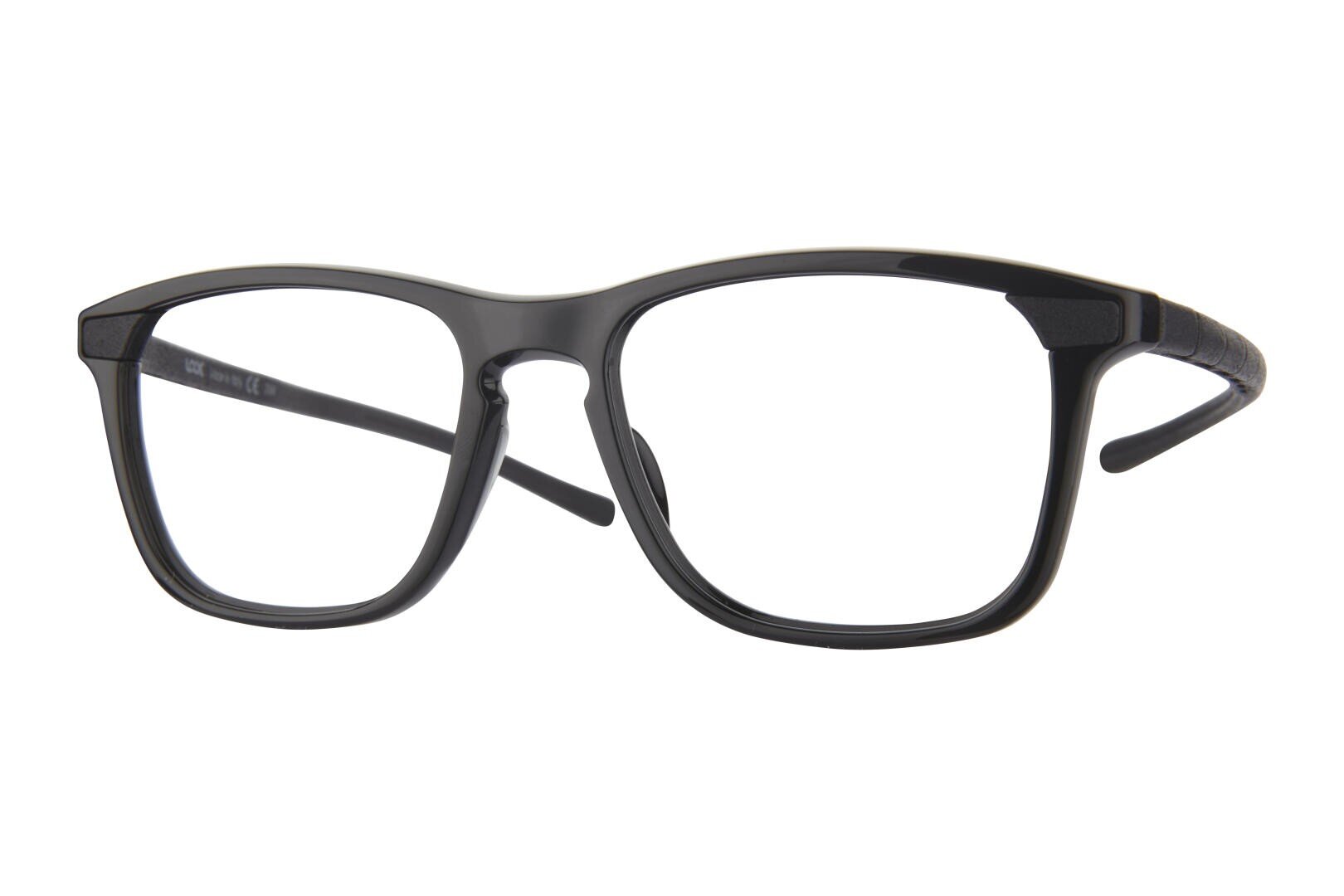 Black rectangular eyeglass frames with clear lenses, shown against a white background. The temples are slightly curved, and the overall design is modern and minimalist.