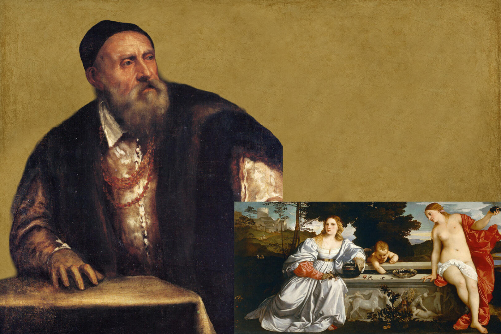 Das Porträt eines älteren Mannes mit Bart und dunkler Kleidung im Stil der Renaissance ist mit einem klassischen Gemälde verschmolzen, das zwei Frauen und eine Amor-Figur zeigt, die im Freien an einem Wasserbecken sitzen.