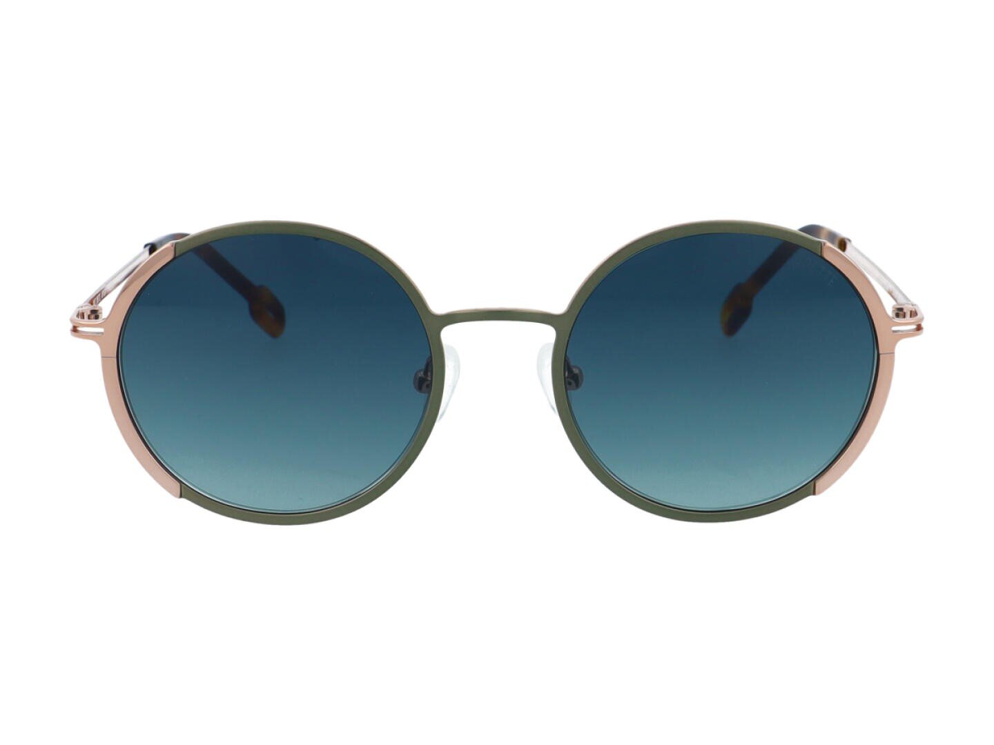 Runde Sonnenbrille mit dunkelblauen Verlaufsgläsern, dünnem grünem Metallrahmen und roségoldenen Akzenten an den Seiten, dargestellt auf weißem Hintergrund.