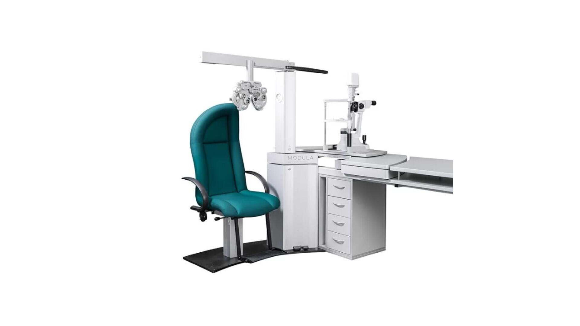 A modern ophthalmology examination unit featuring a teal patient chair, a phoropter, and a slit lamp on a white workstation with drawers and an adjustable arm.
