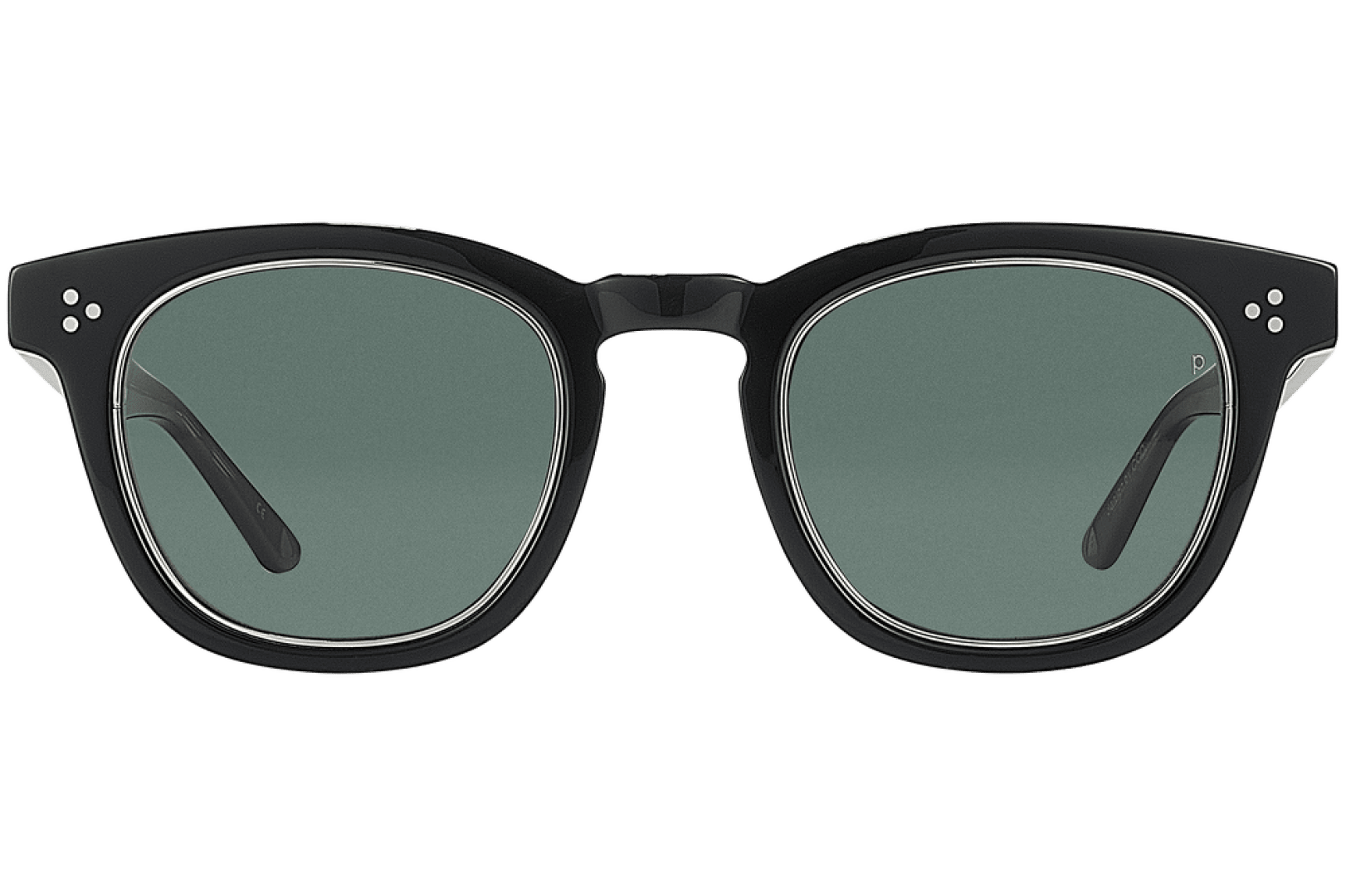 A pair of black-framed sunglasses with green-tinted lenses, viewed from the front. The frames have a slight rectangular shape with rounded edges and small silver accents on the corners.