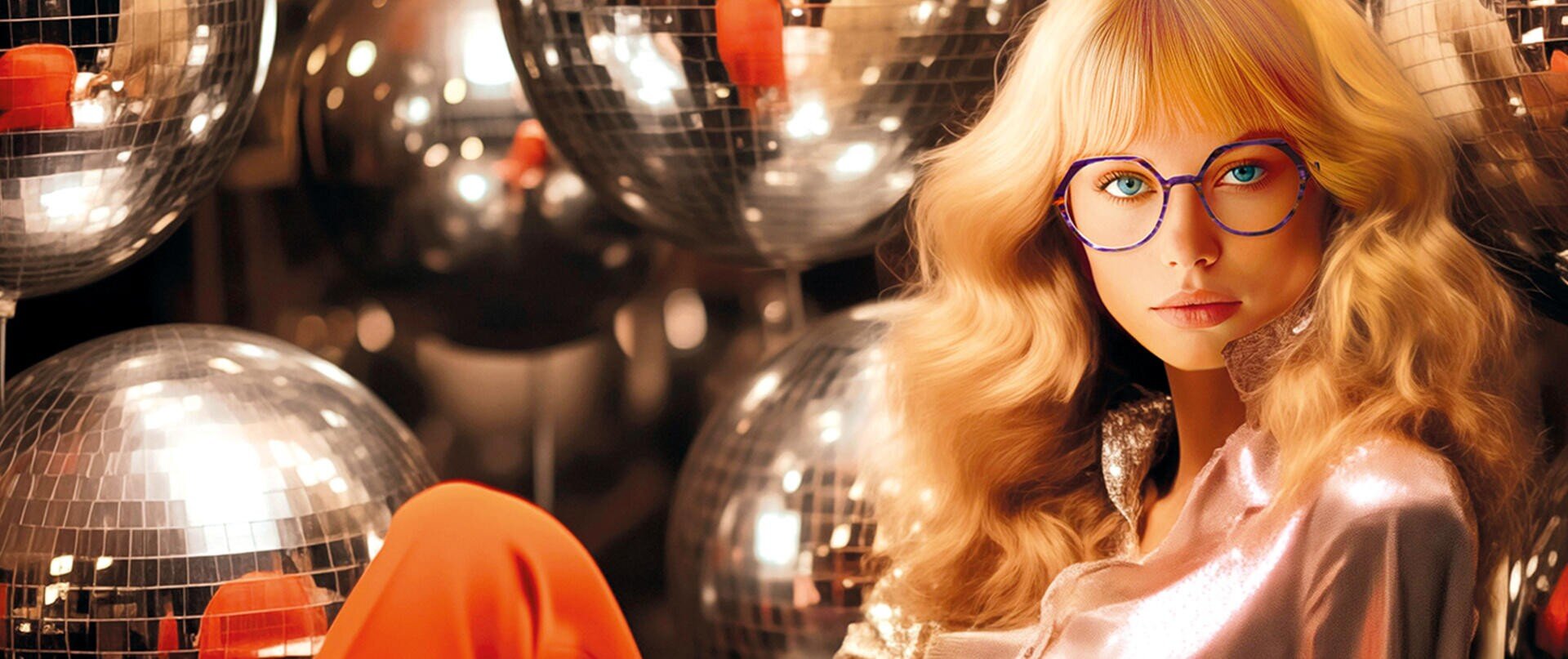 Eine Frau mit langen blonden Haaren, die eine große runde Brille und eine glänzende Bluse trägt, posiert vor mehreren funkelnden Discokugeln. Die Szene hat eine glamouröse Retro-Atmosphäre mit warmer, glühender Beleuchtung.