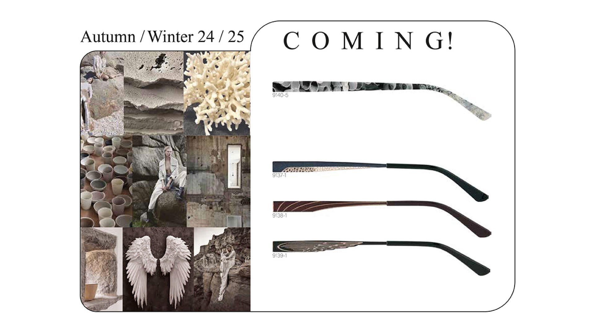 Links ein Moodboard mit Naturtexturen, Keramik, Flügeln und Felsmotiven, beschriftet mit „Herbst/Winter 24/25“. Rechts vier gemusterte Brillenbügeldesigns unter der Überschrift „DEMNÄCHST!“.