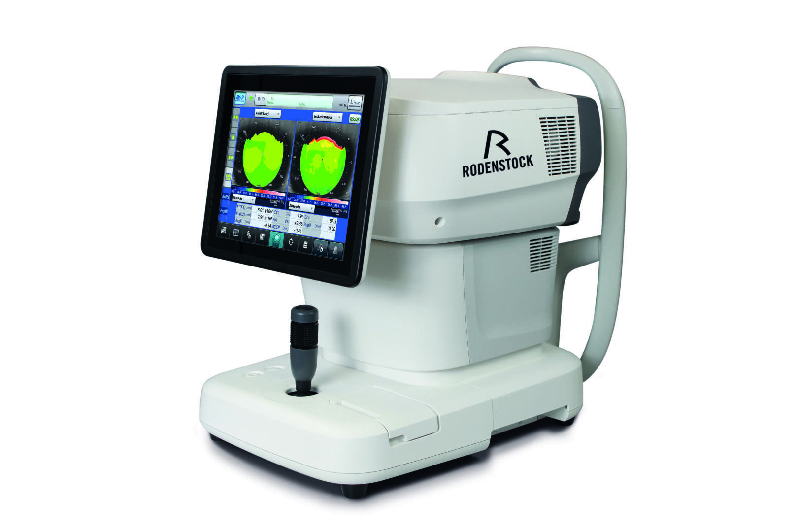 Ein Rodenstock-Sehtestgerät mit Touchscreen-Monitor und farbigen Augenkarten für optometrische Untersuchungen. Das Gerät ist weiß und verfügt über einen Griff und einen Bedienknopf.