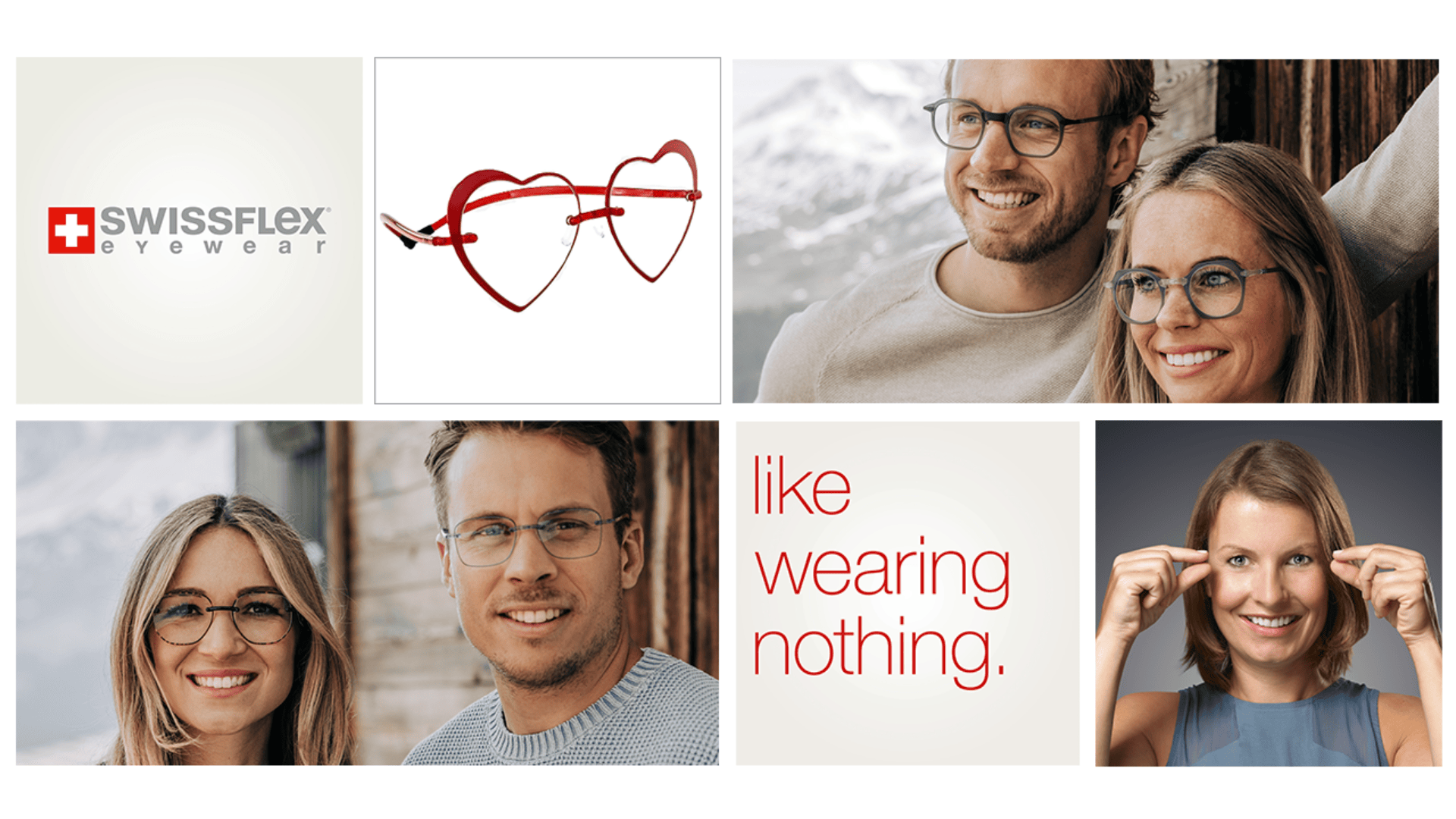 Eine Collage mit SwissFlex Eyewear: Logo, rote herzförmige Brille, glückliche Erwachsene mit Brillen, der Text „Als ob sie nichts tragen würden“ und eine lächelnde Frau, die ihre Brille zurechtrückt.