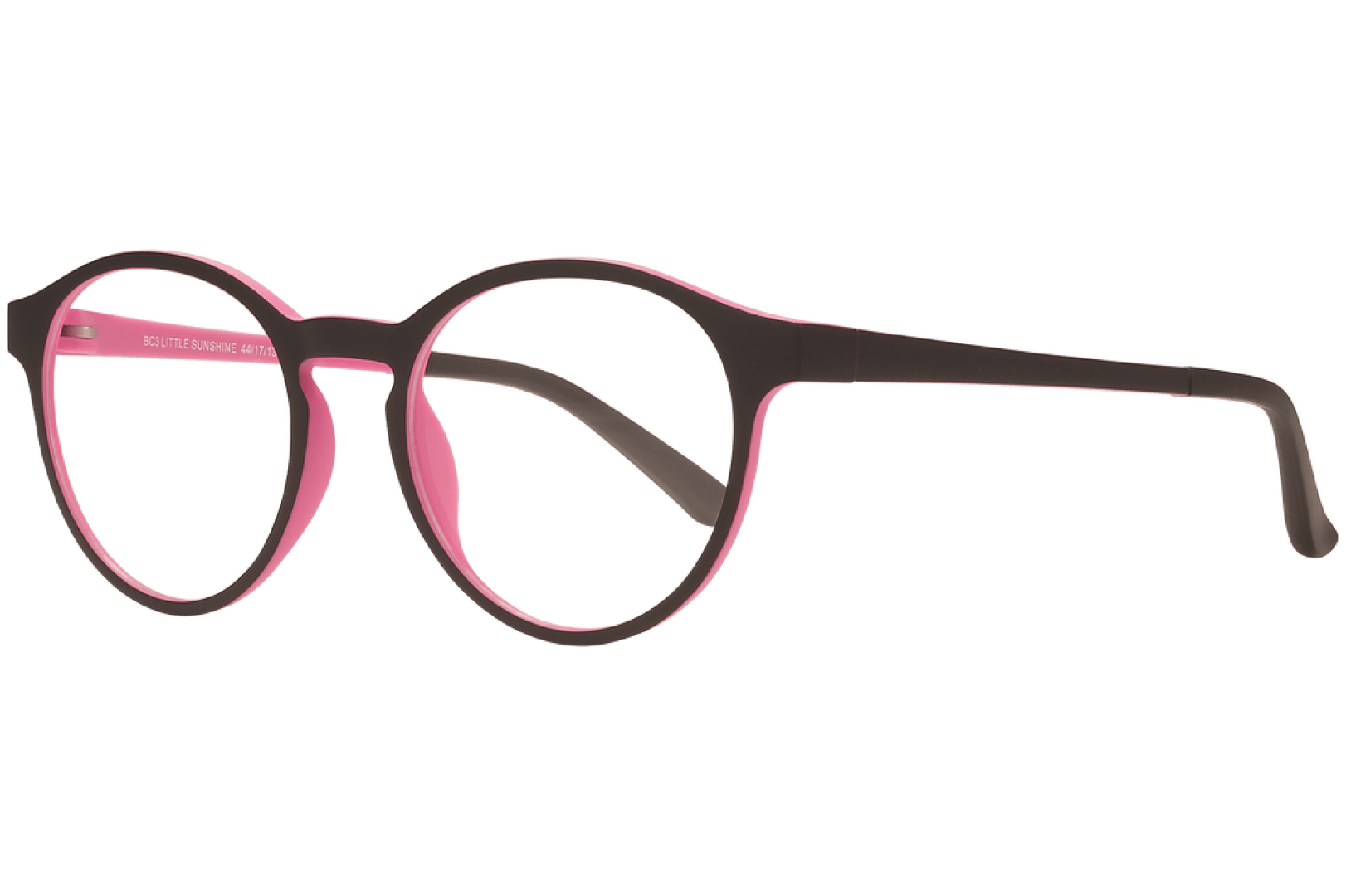 Runde Brille mit schwarzer Außenseite und leuchtend rosa Innenseite, mit dünnen Rahmen und geraden Bügeln.