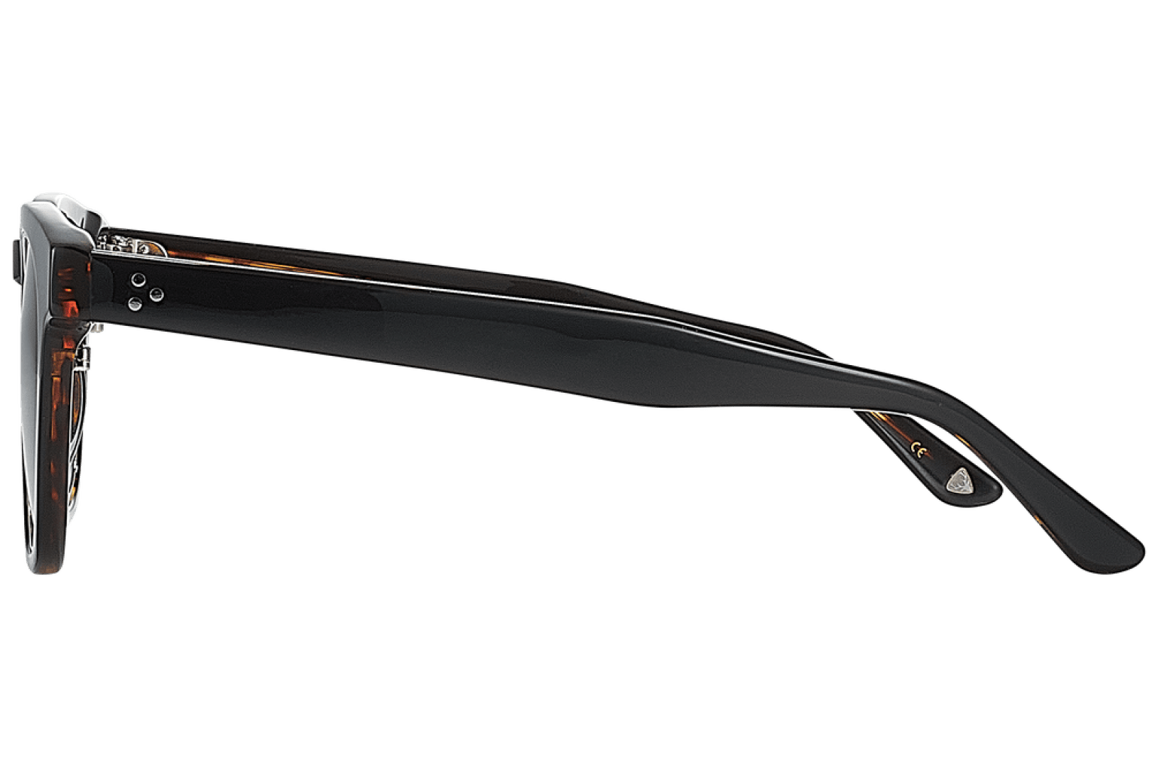 Side view of black eyeglass frames with thick temples and slightly curved arms, showing the hinge and part of the clear, slightly amber-tinted front frame.