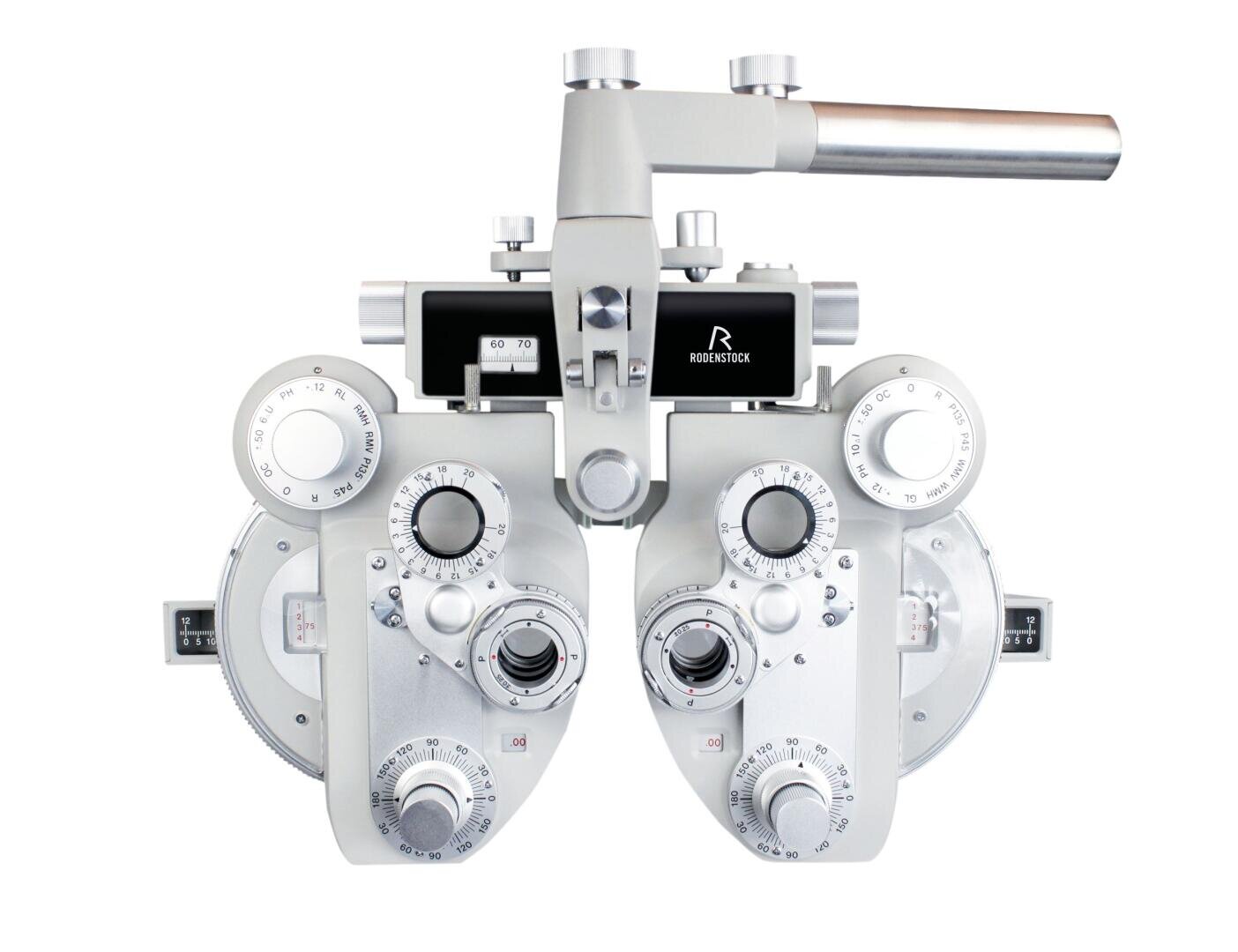 Vorderansicht eines silber-weißen Phoropters, eines optometrischen Geräts mit mehreren Zifferblättern und Linsen, das zur Messung der Sehstärke bei Sehtests verwendet wird.