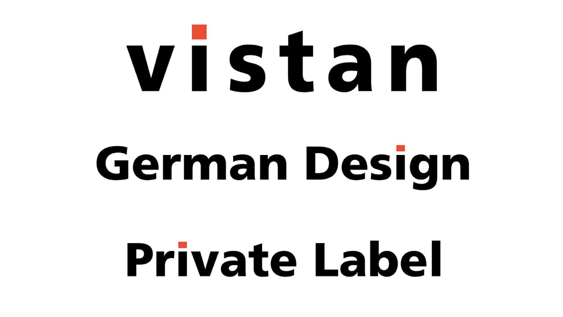 Der Text lautet: „vistan“ mit orangefarbenen Quadraten über dem „i“ und „a“, gefolgt von „German Design“ und „Private Label“ in fetten schwarzen Buchstaben. Der Punkt über dem „i“ in „Design“ ist ebenfalls orange.
