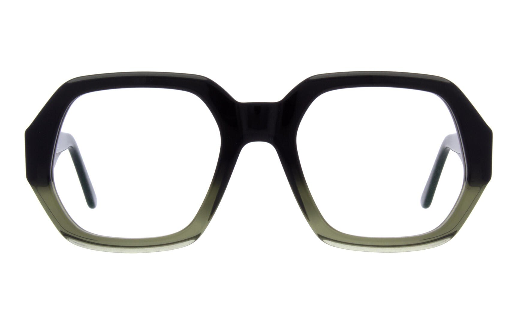 Front view of large, geometric glasses with thick, black upper rims that fade into a lighter, translucent green at the bottom. The frame has a bold, oversized and angular design.