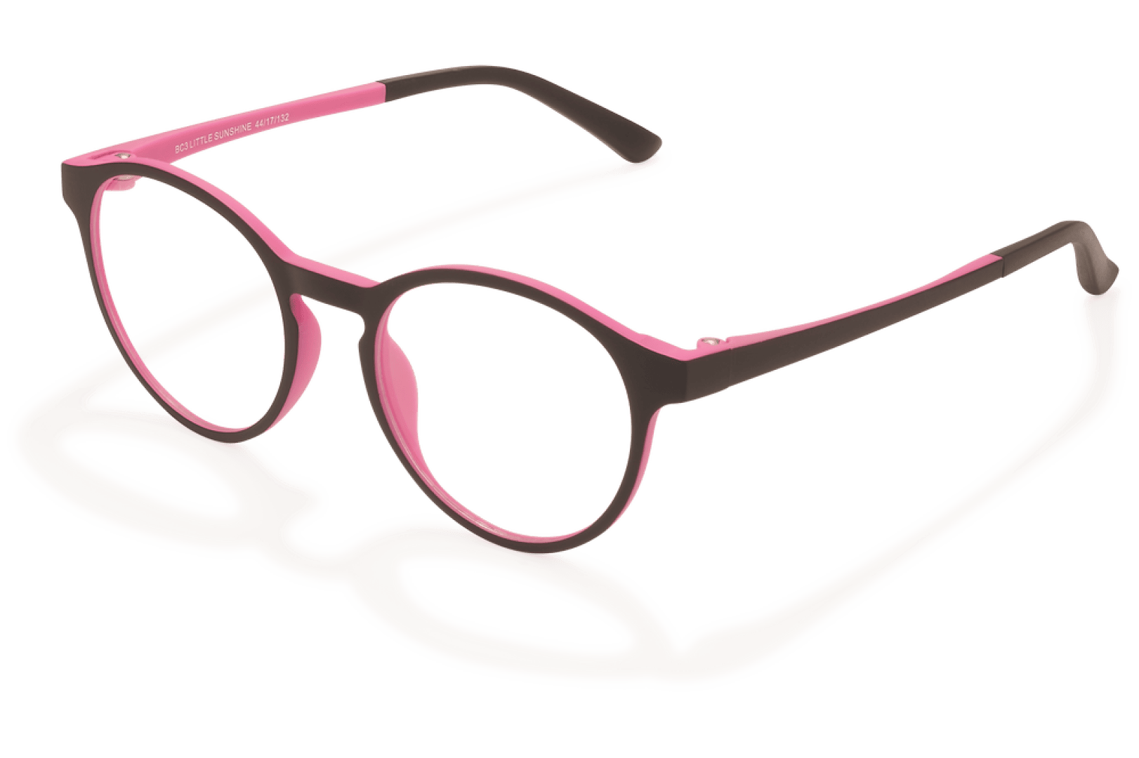 Eine runde Brille mit schwarzem Außenrahmen und rosafarbenem Innenfutter, die einen weichen Schatten auf eine weiße Fläche wirft.
