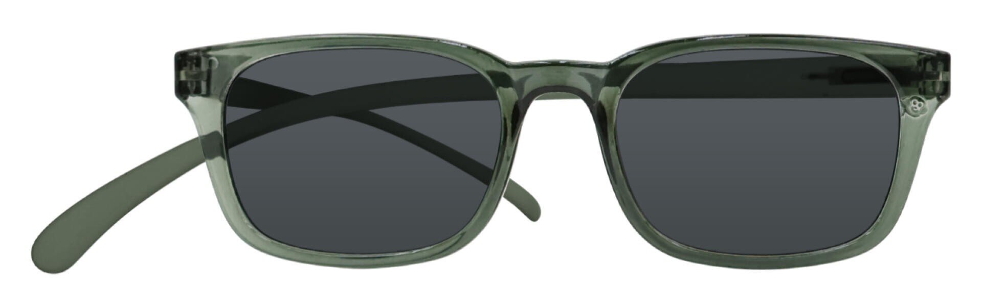 Quadratische Sonnenbrille mit grünem, durchscheinendem Rahmen und dunklen Gläsern, in der Vorderansicht mit teilweise geöffneten Bügeln, die sich hinter den Gläsern kreuzen.