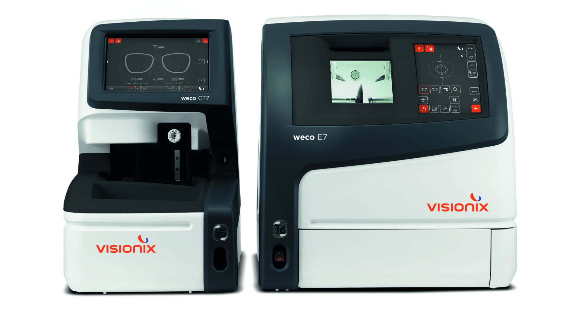 Zwei Visionix-Geräte für den optischen Gebrauch sind nebeneinander ausgestellt. Das linke Gerät hat einen Bildschirm und einen Schlitz für Linsen, während das rechte Gerät eine digitale Anzeige und Bedientasten hat. Beide tragen das Visionix-Logo.