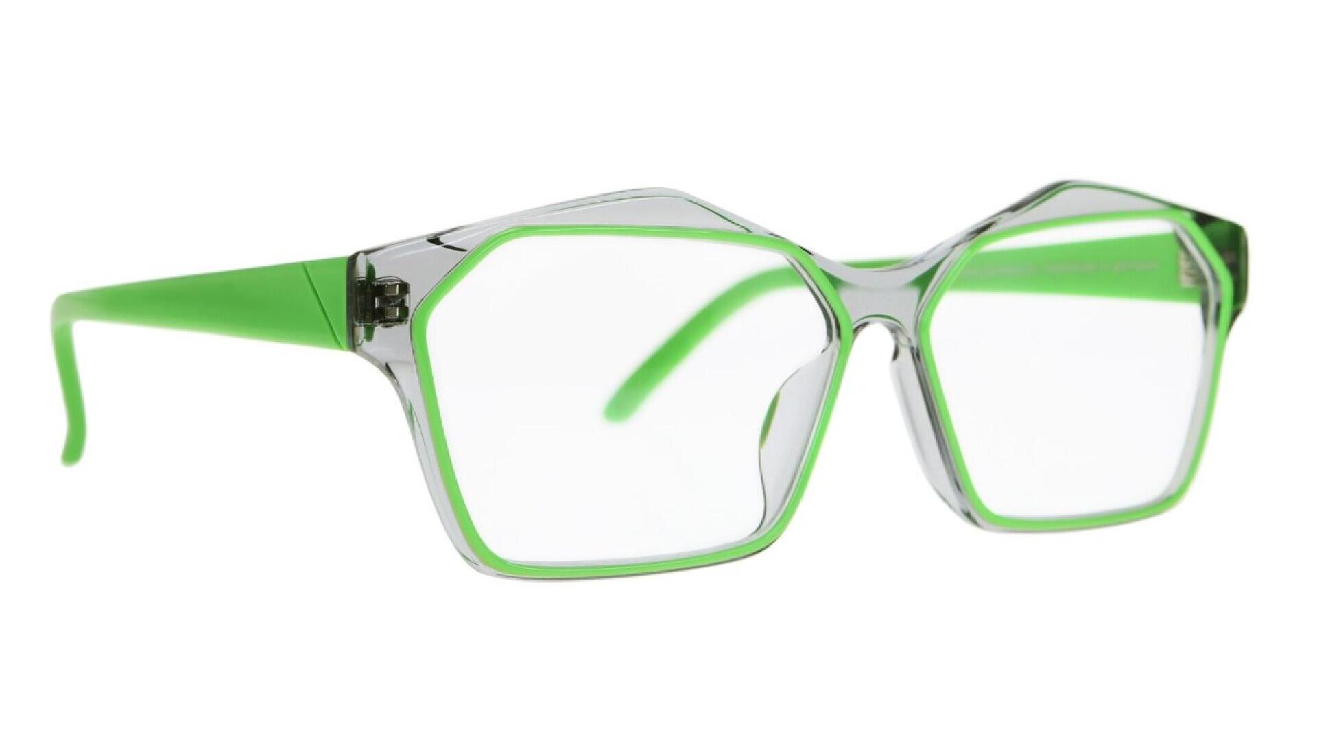 Clear eyeglasses with geometric, oversized frames featuring bright green accents on the bridge, rim edges, and arms. The arms are solid green with a slight curve at the ends.