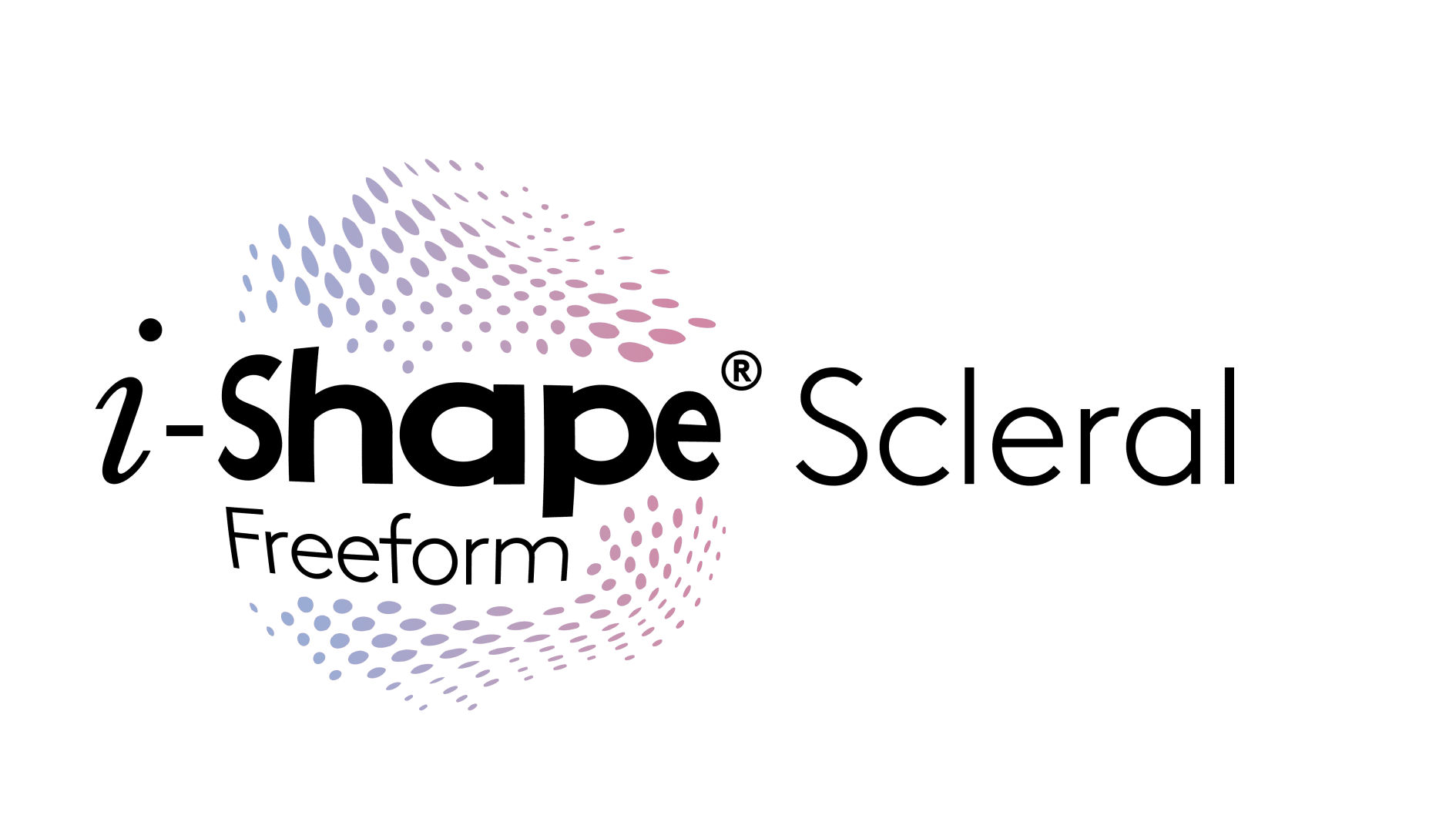 Logo für i-Shape Freeform Scleral mit stilisiertem schwarzen Text und einem Hintergrund aus mehrfarbigen, gepunkteten elliptischen Mustern.