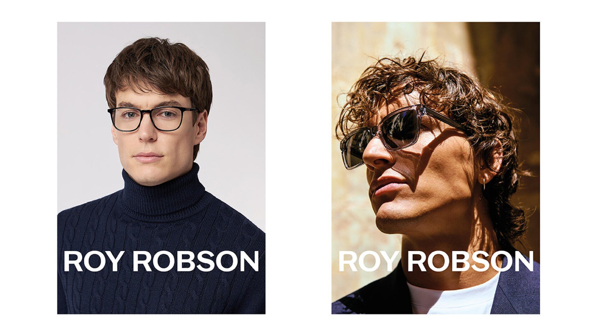 Zwei nebeneinander stehende Porträts von Männern mit Brillen, jeweils mit dem Text „ROY ROBSON“. Der linke Mann trägt drinnen eine dunkle Brille und einen marineblauen Rollkragenpullover; der rechte Mann trägt draußen im Sonnenlicht eine Sonnenbrille und ein weißes T-Shirt.