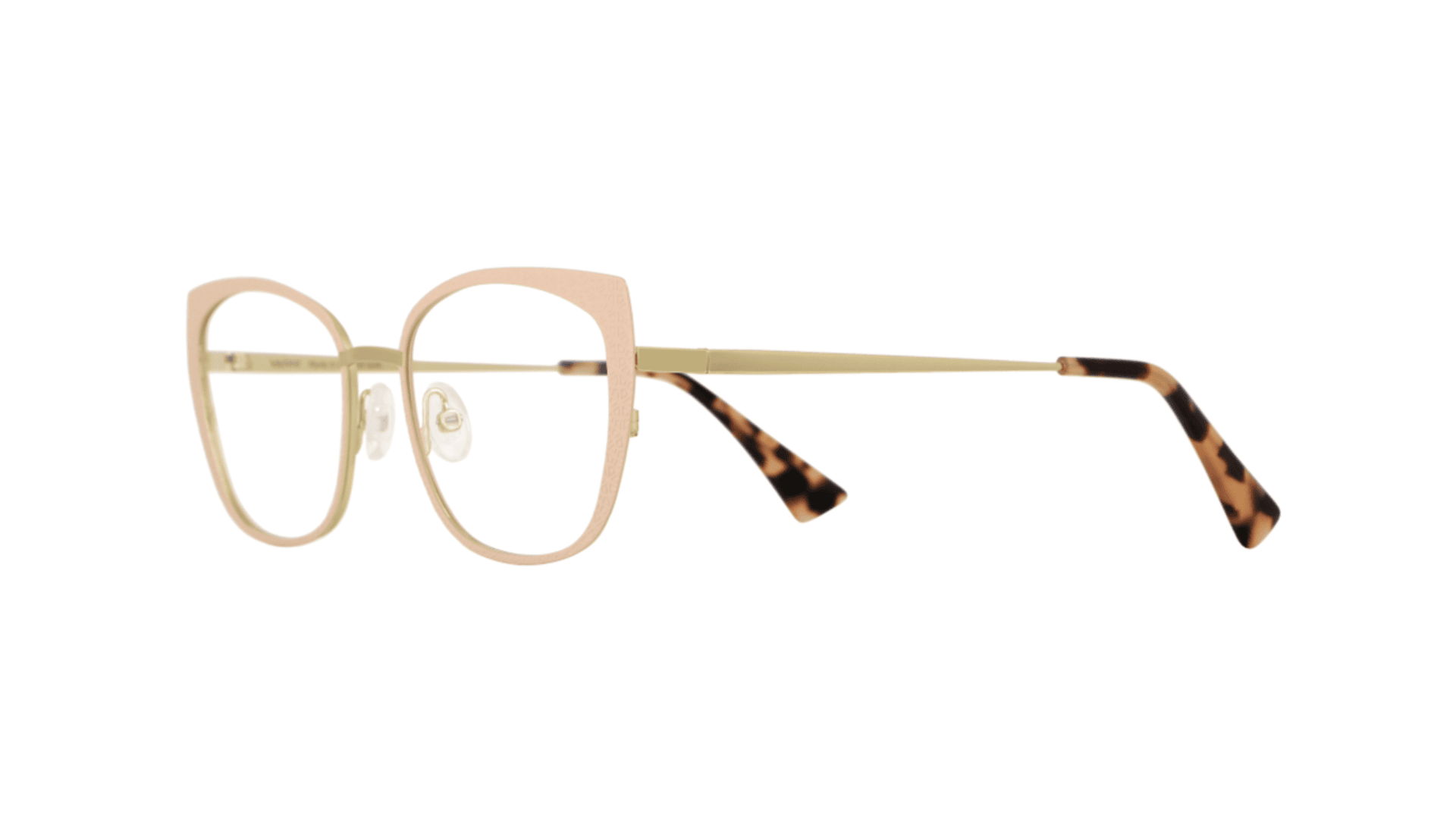 Square-shaped eyeglasses with a light gold metal frame, clear nose pads, and brown tortoiseshell-patterned temple tips, shown on a white background.