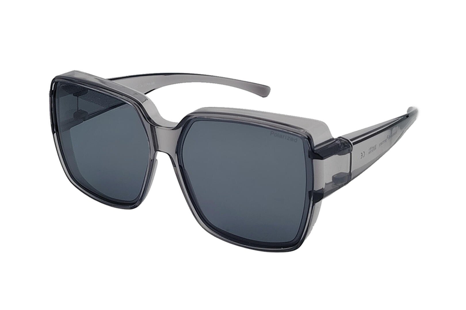 Eine quadratische, grau-transparente Kunststoff-Sonnenbrille mit dunkel getönten Gläsern auf weißem Hintergrund.