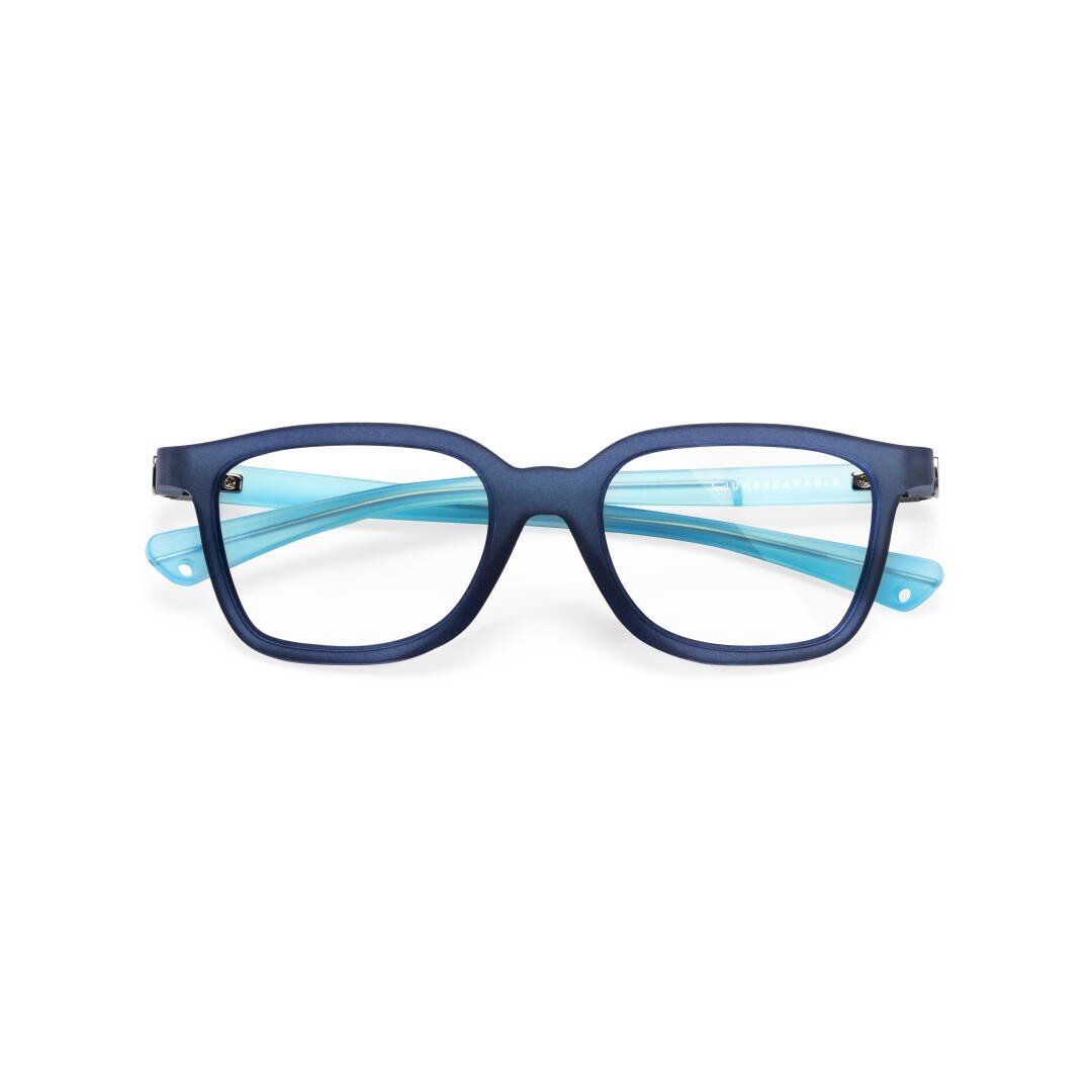 Blaue rechteckige Brille mit mattem marineblauem Rahmen auf der Vorderseite und hellblauen Bügeln auf weißem Hintergrund.