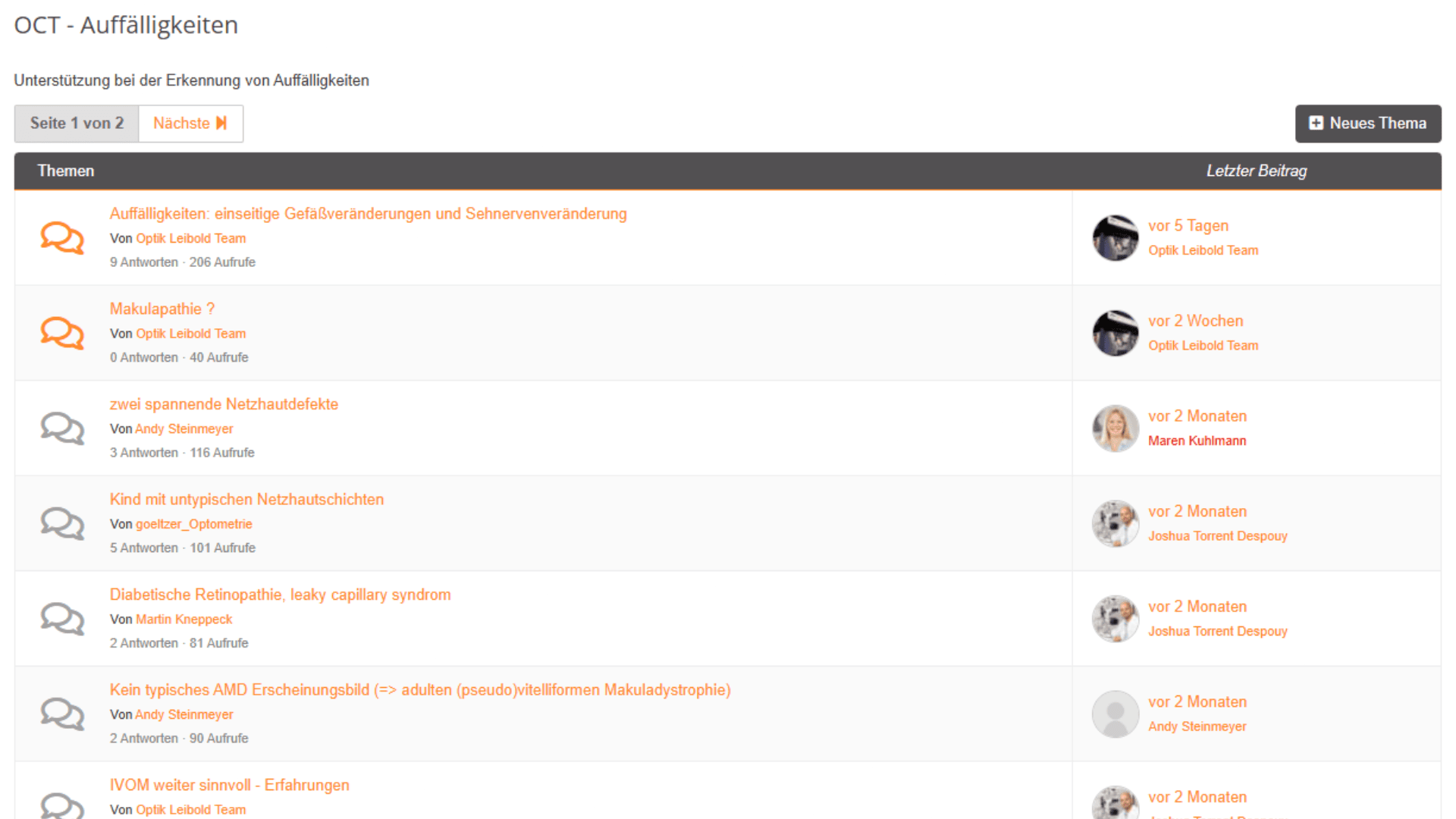 Screenshot einer deutschen Forumseite mit dem Titel „OCT – Auffälligkeiten“ mit einer Liste der Diskussionsthemen, Autoren, Antwortzahlen und Daten der letzten Beiträge in Tabellenform.