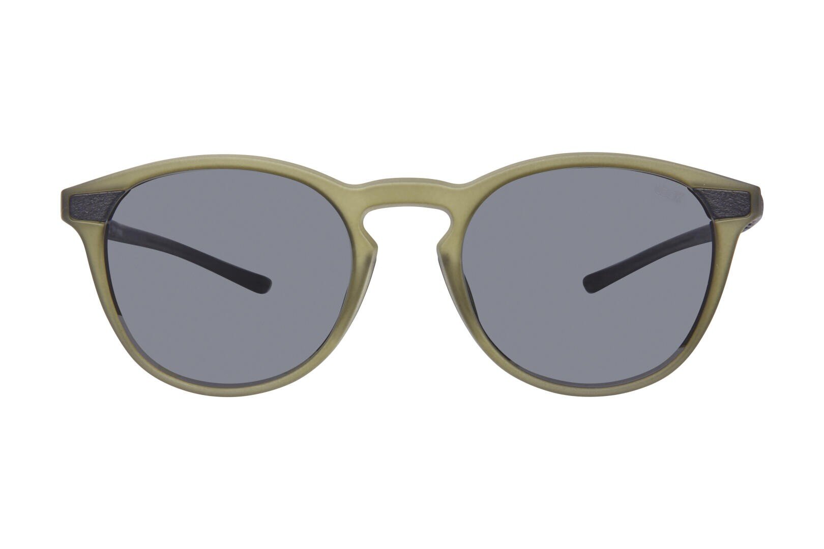 Round sunglasses with a translucent olive green frame and dark tinted lenses, viewed from the front on a white background.