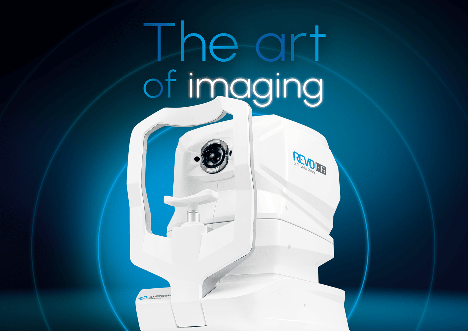 Ein weißes medizinisches Bildgebungsgerät mit der Aufschrift REVO ist auf einem dunkelblauen Hintergrund mit leuchtenden konzentrischen Kreisen zentriert. Darüber steht in blauer und weißer Schrift "Die Kunst der Bildgebung".